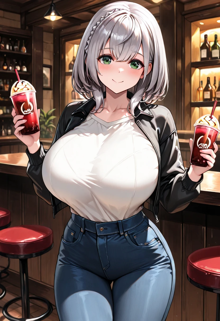 1 girl, gray hair, hair in two pigtails, (big lips), black eyes,glasses,huge breasts, smile, blushing, blushing nose, thick thighs, high thighs, lively, thick thighs, wide hips, narrow waist, hourglass figure, delicate, earrings, hair clips, miniskirt, ass visible under skirt, in the back of a bar, sitting in a chair, drinking a beer, wearing a leather jacket and hood