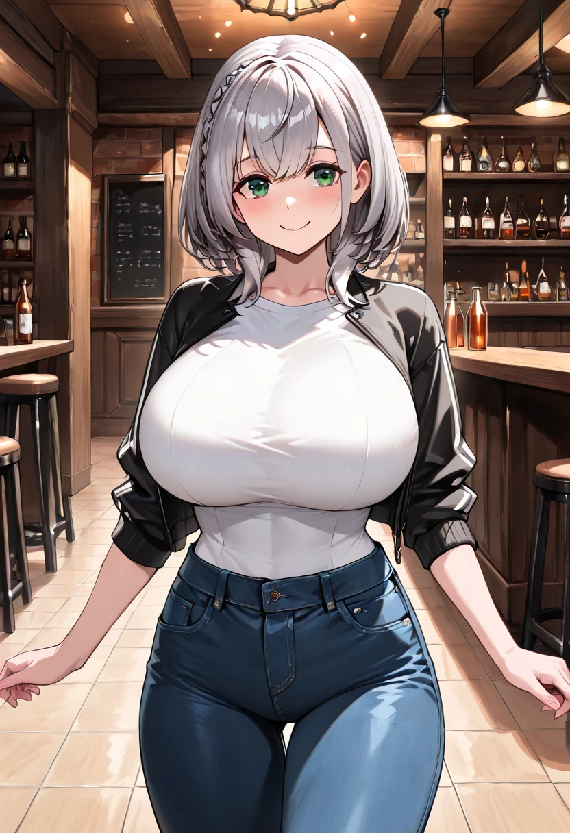Masterpiece, high quality, best quality, beautiful, perfect lighting, detailed face, detailed body, ((1girl)), ((solo)), ((silver hair)), medium hair, ponytail, (messy hair), yellow eyes, looking at viewer, smile, (excited), happy, black shirt, jeans, large breasts, cleavage, perky breasts, (wide hips), thick thighs, ((lab)), hands grabbing breasts,