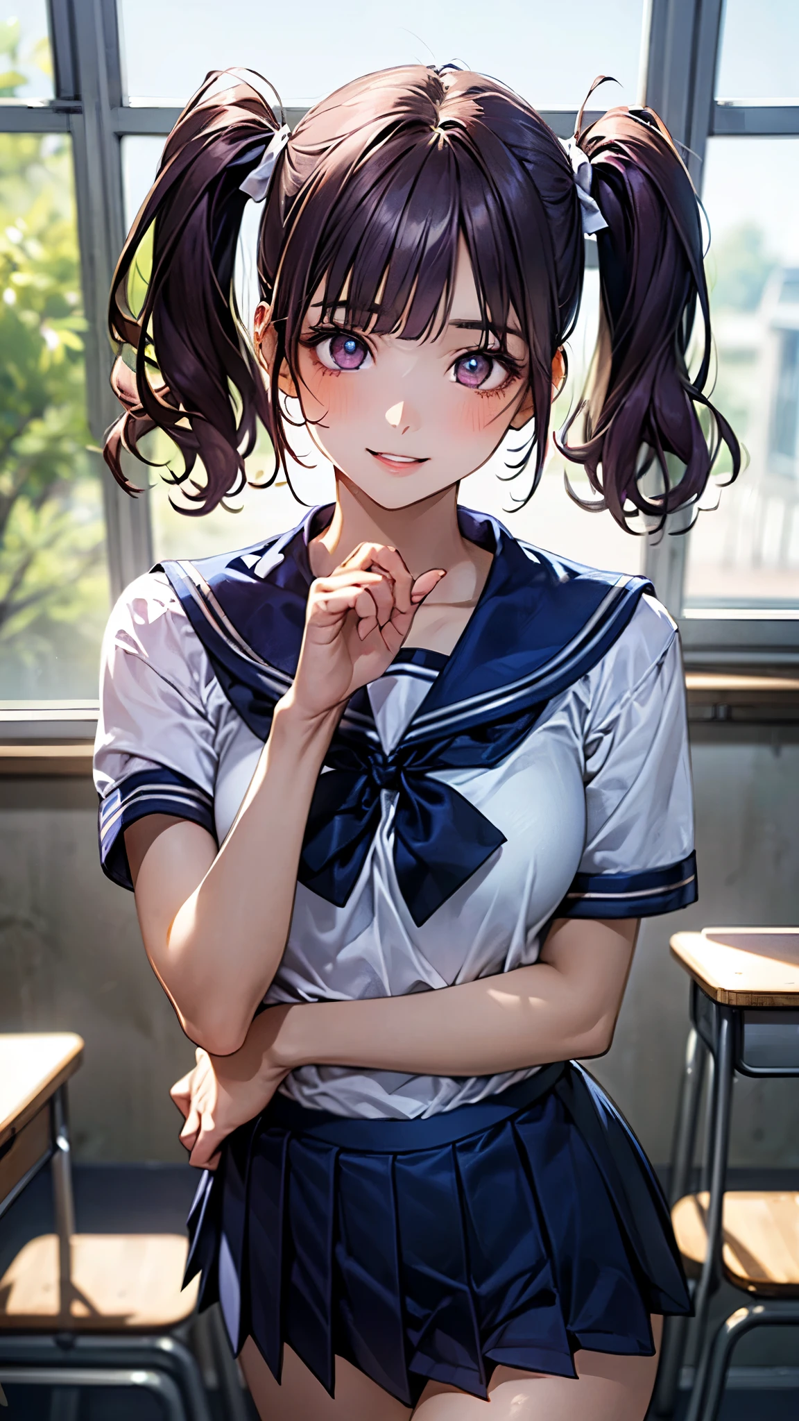 (masterpiece:1.2, top-quality), (realistic, photorealistic:1.4), beautiful illustration,
looking at viewer, looking away, full body,
1 girl, japanese, high school girl, (long hair:1.4), blong hair, (twin tail:1.7), large breasts:0.8, white skin
beautiful hair, beautiful face, beautiful detailed eyes, beautiful clavicle, beautiful body, beautiful chest, beautiful thigh, beautiful legs,
(beautiful scenery), , classroom, desks, chairs,
((cute school uniform, long sleeves, pleated skirt, sailor collar, scarf)), white panties, shoes,
sitting, sit in a chair,
(seductive smile, ashamed, tremble),