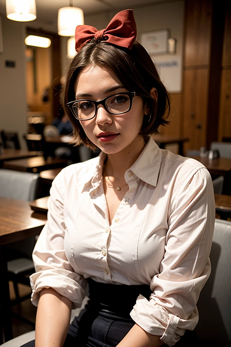 A photo of a young, nerdy woman sitting in a caf, wearing a white shirt and a bow, surrounded by a cozy atmosphere, looking at the viewer.
short hair, slender, red lips, transparent fabric, flirting with the camera