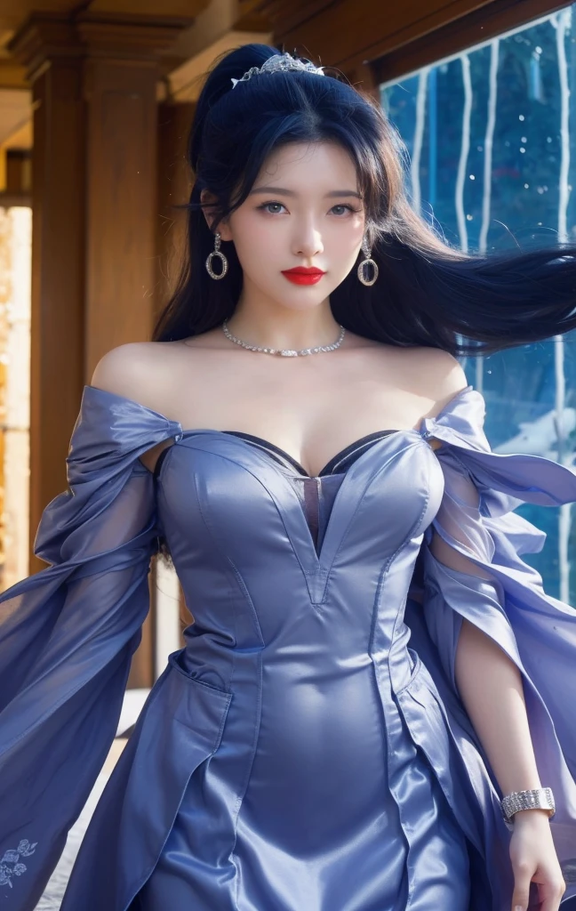 ((masterpiece)), the best picture quality, walking between cold atmosphere and noble temperament, giving people a sense of mystery, the perfect combination of royal sister and iceberg goddess, (1girl), sharp eyes, light smile and subtle, ((black hair | purple hair): 1.2 + silver hair: 1.1), towering aristocratic headdress, onyx, palace costumes, secret corridors, dim lights and blurred backgrounds, presenting a different mysterious atmosphere.