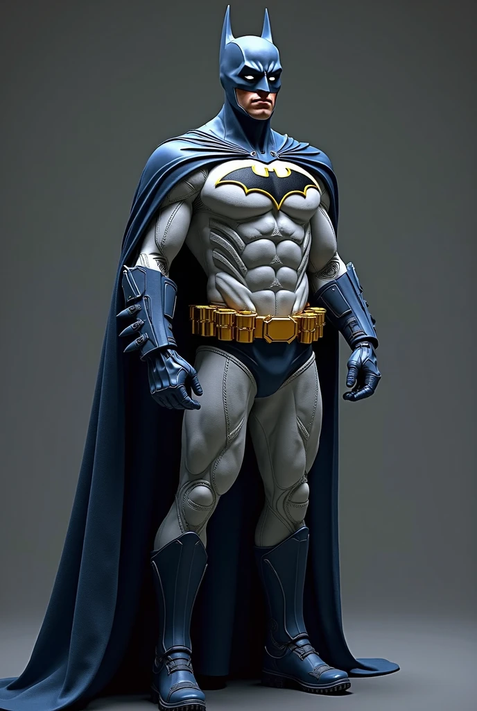 Batman wearing a simple cotton fabric, padded bodysuit with detailed stitching seams. Provide interesting but detailed seams. Black leather trunks over the bodysuit. Short purple gloves. No gauntlets and do no include fins on gloves. Take inspiration from football uniforms from the 1930s. Athletic build but not overly muscular. Photo realistic. Round gold belt buckle. 1930s aesthetic