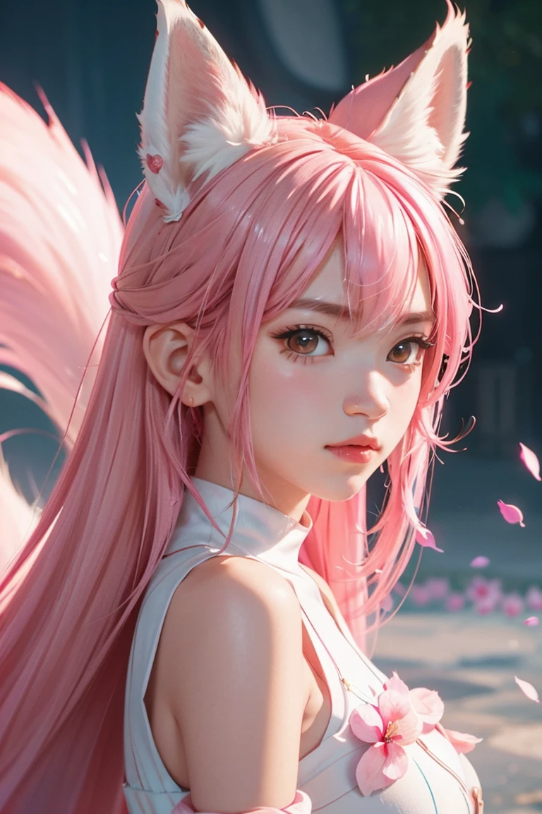 Nine snow-white fox tails (1.0), milky fox tail (1.0), fox close-up of nine tails, nine-tails, nine-tails, anime girl with pink hair and pink dress with flowers on her hair, very beautiful anime fox girl, beautiful anime fox girl, beautiful fantasy anime, guweiz, anime girl with fox ears, beautiful anime girl, very beautiful and cute fox girl, pink flower rain, background blur, anime style 4 K, anime fantasy artwork, 4k anime wallpaper, Artwork in the Guvez style