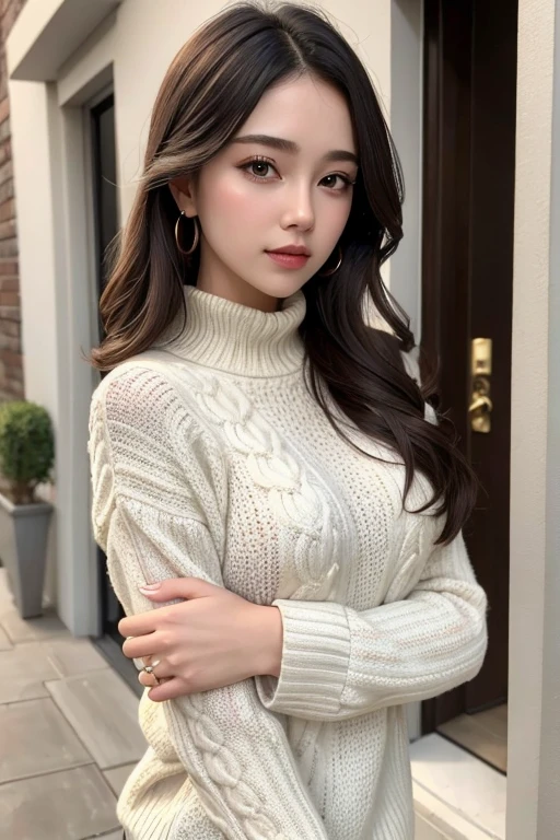 A very beautiful Asian girl,Alone,Mature girl,Alone on the street,White turtleneck long-sleeved sweater,denim short,Black glossy ocean hat(An extremely delicate and beautiful work:1.2)Supermodel figure,supermodel height,A very beautiful girl,Perfect body example,slim toned body,Tight body shape,plumw,Perfect body curves,dermal,Skin texture clear and delicate(Advanced skin details:1.1)Korean idol’s perfect face,A bright and beautiful smile,Long blonde hair,Light blonde wavy hair,Clear and fine hair texture(Quality hair details:1.1),exquisite eye makeup,Refined eye detailing,Blue pupil(Advanced eye detail:1.1)Best example of four fingers and a thumb,Feet with perfectly proportioned thighs and calves(jade foot)Wear earrings,choker necklace,bangle,Sweater series,Jeans series,Photographic works,BestWorks,Best quality,Super refined,extremely high resolution,Shot by one person