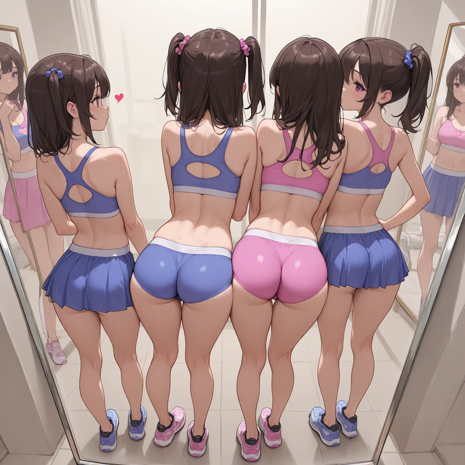 Four young girls who aspire to be ballerinas attend a ballet class lined up in front of a mirror doing a Y-balance. A large amount of semen is ejaculated into their vaginas and blood from the defloration runs down their thighs. Cute faces, sweet, slightly curly hair, breasts, vaginas, torn costumes, colorful hair