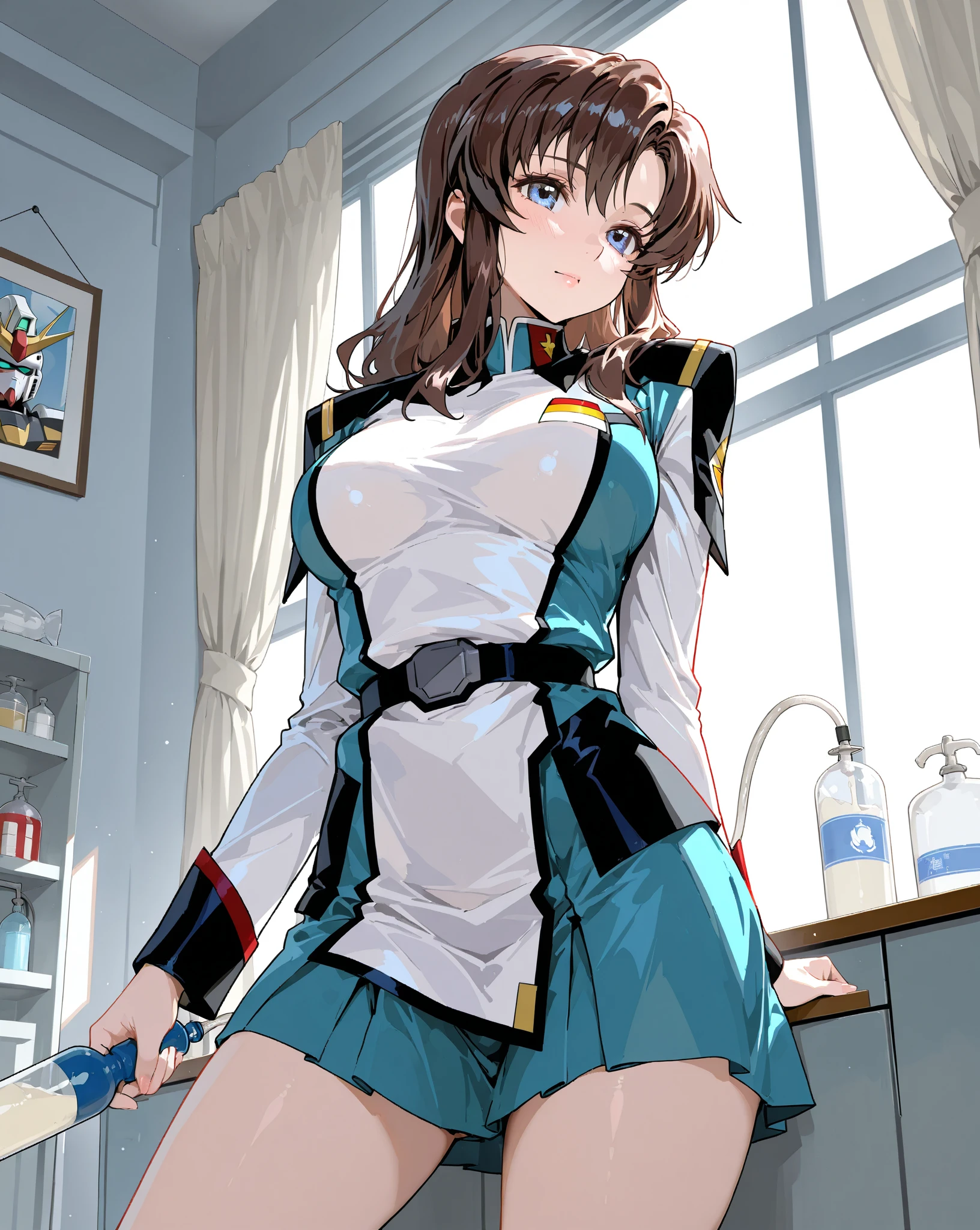 ​masterpiece, top-quality, hight resolution, 8K, Hi-Res, ultra-detailliert, 1girl in, (Anatomically correct), Full limbs, complete fingers, 　Enamel pink long boots　Wrinkled boots　Enamel pink mini skirt　エナメルピンクのゴムgloves　Enamel pink clothes　gloves　　Gold decoration　Costumes with fancy decorations　justice　　Rubber boots　confident grin　Decisive Pose　erect through　Rin々Standing　Full body painting　　Long boots below the knee　Raw feet　teats　Urination　full of sweat　sodden　White drops of water dripping from panties　　steam　Sleeveless　　Clothes that show the lines of the body　soddenの服　Clothes get wet and skin shows through　Full body painting　Boots stain with white mucus　public restroom　Immersion in white mucus　Pool filled with white mucus,　White mucus dripping from above　Black pubic hair in the crotch area　  Male genitalia in the crotch　straddling the toilet bowl