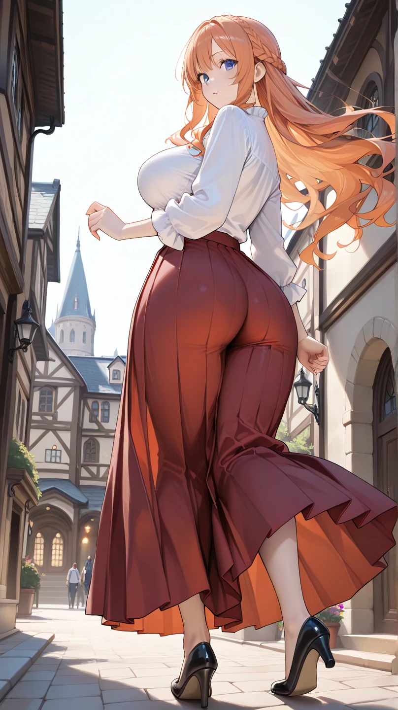 Adult Woman, Long dark blonde wavy hair、Red dress, Puffy nipple、(Long flared skirt),、beautiful tiara、耳Nipple Ring、Medium milk, cute smile face、Poses that emphasize the buttocks、(turned around)、sexy hips、Red high heels、a castle yard、sexy pose、(((The skirt is rolled up by the wind)))、((sexy orange lace panties))