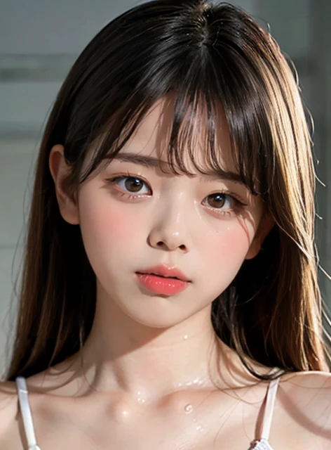 One Girl,15歳のとてもcute女の子,masterpiece,highest quality,High resolution,beautiful girl,cute,Big eyes,(detailed pupils:1.2),The face is facing straight ahead,Body facing forward,Beautiful nose,Fuller lips,Short black hair,ponytail,short hair,Detailed eyelashes,Thin eyebrows,Symmetrical eyes,Face close-up,White swimsuit,Portrait,View Viewer,Cinema Lighting,High resolution,Very detailed