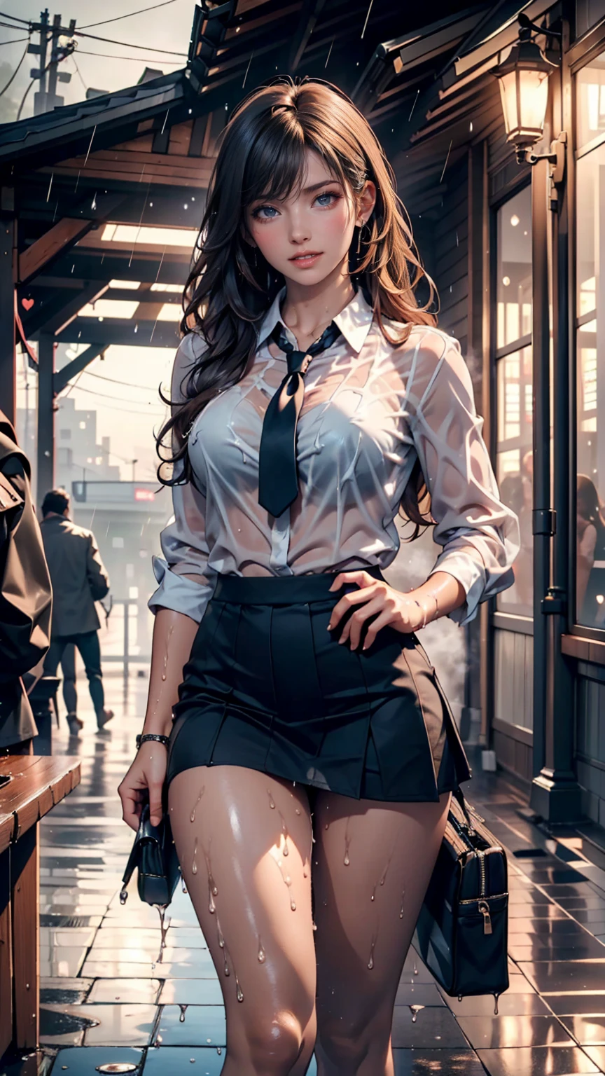 full-body portraits, photograph realistic, Beautiful Chinese woman, Adult video actress, In crowded subway cars, Get wet all over your body, Slim figure, Height 1.6m, perfect female shape, 34C breasts, Naked of breast, Slim waistline, Elongated legs, 28-inch hips, Fine fine skin, Full forehead, Slender eyebrows, Wear red and black erotic lingerie, Suspender stockings, Stiletto heels, tempting pose, streaked hair, brown hair, bangs, wavy hair, messy hair, hair slicked back, medium hair, jewelry, bespectacled, longeyelashes, earrings, makeup, light smile, red lips, cinematic lighting, three sided view, masterpiece, textured skin, super detail, best quality, 8k