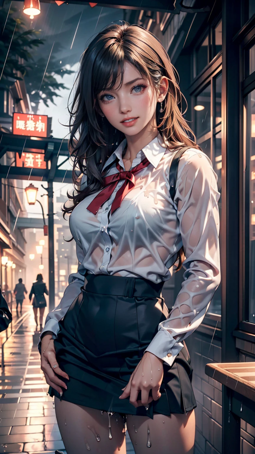 Highest quality, High resolution, Absurd, Very detailed, Suzuya_(Kantai Collection), One person, length_hair, skirt, alone, shirt, rain, Wet_Clothes, hair_ornament, Wet, chest, underwear, Pleats_skirt, See through, bowtie, red_bow