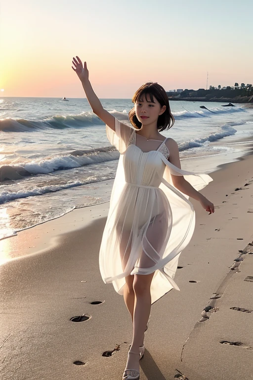 Woman standing by the sea，Wearing a bandeau tulle long dress，The figure looms，High cold woman，Wear closed-toe heels，heeled sandals，Wearing exaggerated earrings，耳Nipple Ring，The earrings hang down to the shoulders