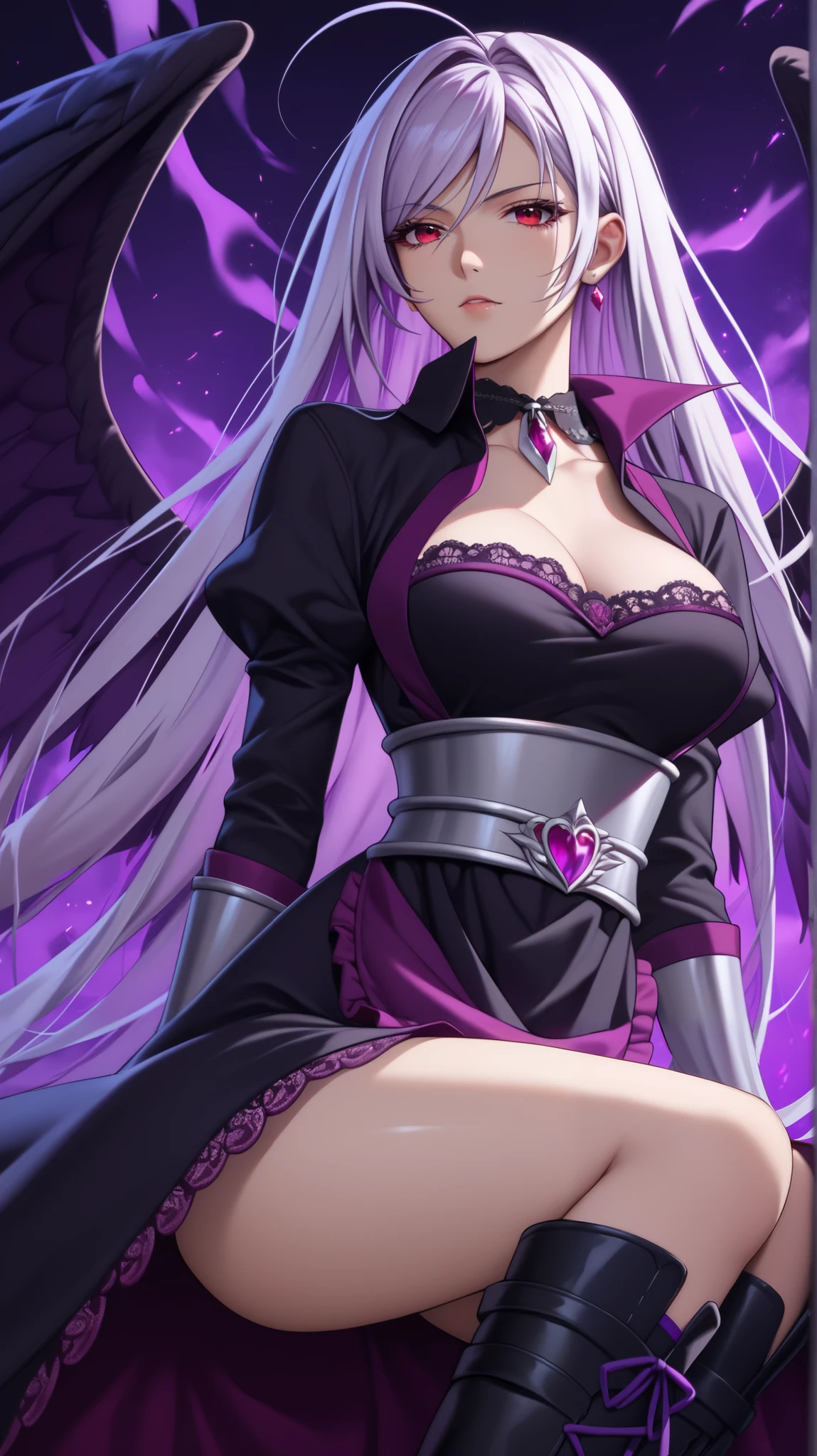vampire moka akashiya, long hair, red eyes, ahoge, white hair, large breasts, (high-collared black dress with dark violet accents:1.3),(violet lace apron with intricate black metal armor pieces sewn into the fabric:1.2),metallic chest plate with dark purple gem,(knee-high black boots with dark violet metallic detailing along the sides:1.2),(obsidian black wings with violet tips,creating a haunting, ethereal look:1.1)