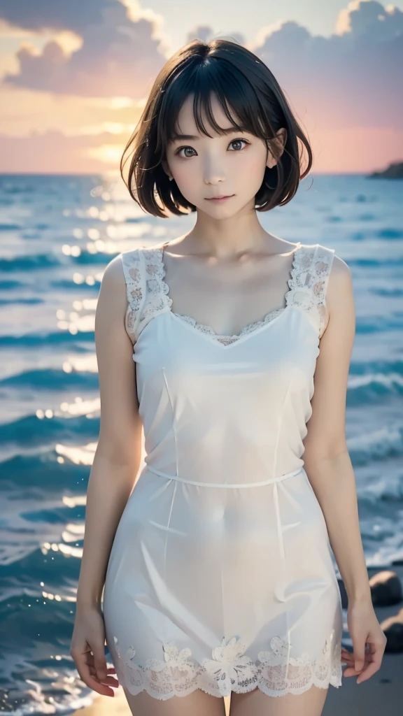 best quality, 1 Girl, dark blue hair, black eyes, Very short hair, Spiky hair, wears sweet white dress luxury,A cropped dress, 171 cm, Messy hair, Hair between the eyes, Tomboy, aldult, 20 years old, A sweet girl by the mountain