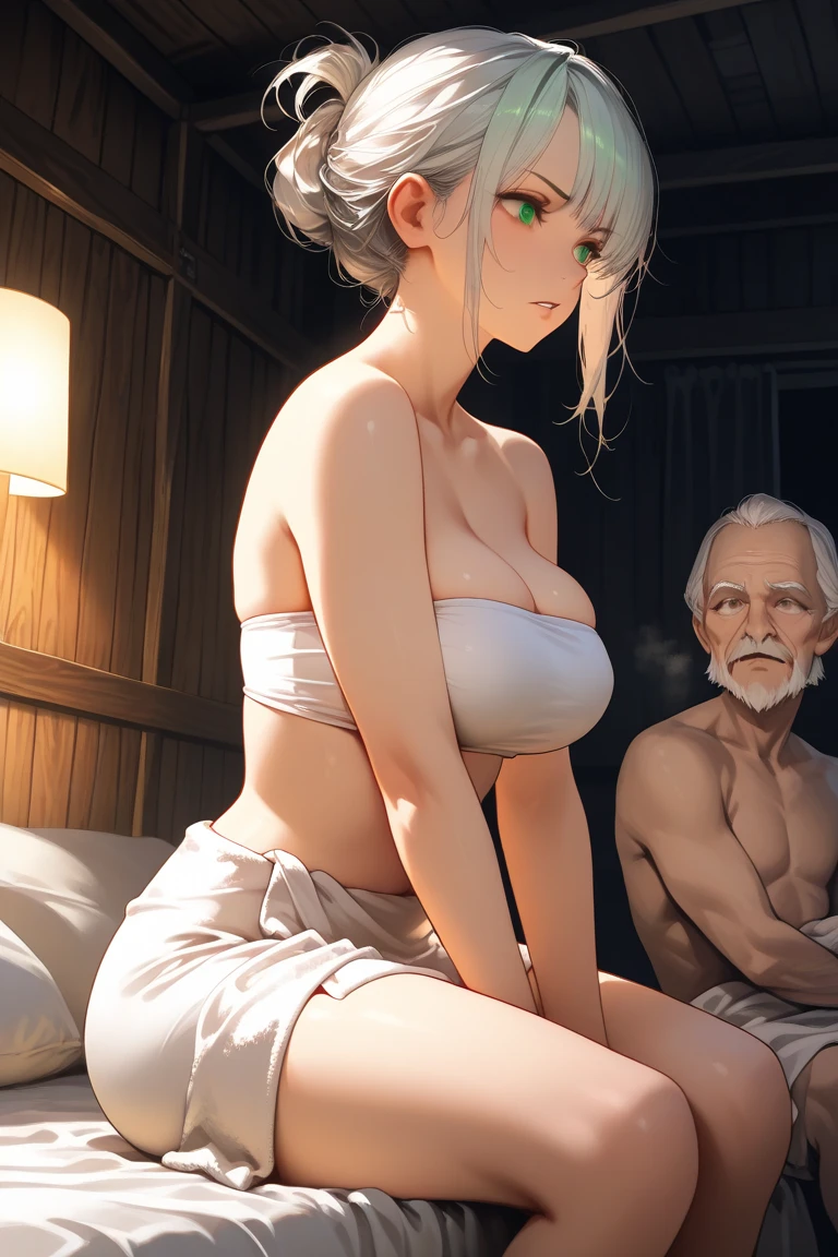 (realistic:1.2), (masterpiece:1.2), (full body shot:1), (looking down from above:1.2), In the bathhouse、Mixed-bathing public bath、Bath in the background、Steam is rising、 Suzune surrounded by old people、NSFW,(3 elderly people、1 girl,Breast sucking:1.4), ((She was grabbed from behind by an old man................:1.5)), ((The old man grabs Suzune'rub her breasts、suck nipples.:1.5)), ((An old man presses his chest against a woman'I'Meter back)), Suzune, ((short hair, gray hair)),Suzune is raped by a group of old men、sweaty、Drool、Suzune'Iの乳首は小さくてピンク色です,pubic hair、Suzune'Suzune'she looks very mature、Suzune 28 years old、Suzune with a mature style、((Suzune hates it、Suzune has a surprised look on her face..))