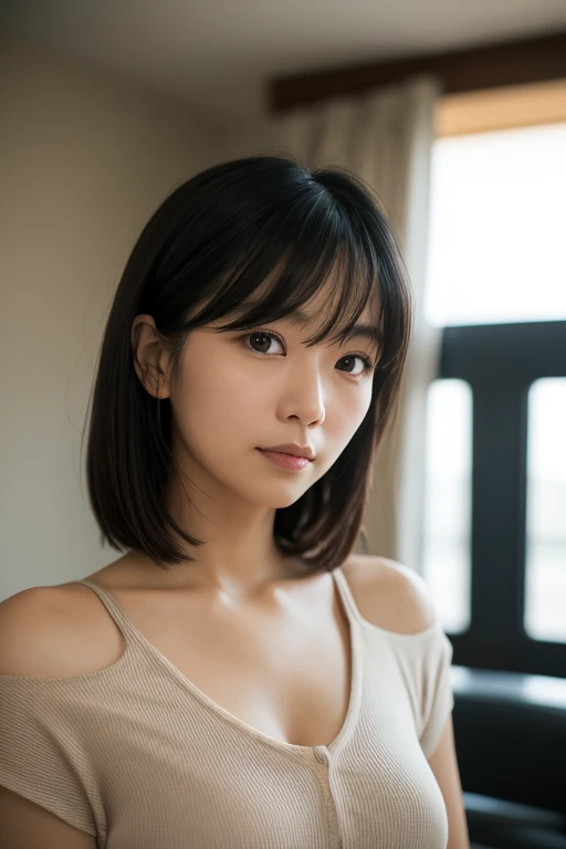 (8K、top-quality、​masterpiece:1.2)、(reallistic、Photorealsitic:1.2)（ultra-detailliert、hight resolution）(Slouched:1.3)、crouching down、(From  above:1.2)、(a closeup:1.4)、（Cut and sewn with loose chest area）Business suits、Office Lady、Smirk,Alafed Girl, chiho, iwakura lain, closeup Iwakura Lain, With short hair, Shiori Teshirogi, Kotegawa Yui, hime-cut, She is 30 years old, sui ishida with black hair, lain iwakura, Beautiful woman - well-groomed face, Clear pubic contours,(Small breasts), hight resolution, ighly detailed, top-quality, [​masterpiece:1.6],, ighly detailed, nffsw, finely detail, top-quality, , Cinematographic lighting, 1womanl、Cute Japan Woman、perfect body type、, cute droopy eyes beautiful big eyes、Transcendent beauty　top-quality、​masterpiece、majicMIX Real、(Raw photography:1.2)、(Photorealsitic:1.4)、s Office、　Negative Prompt