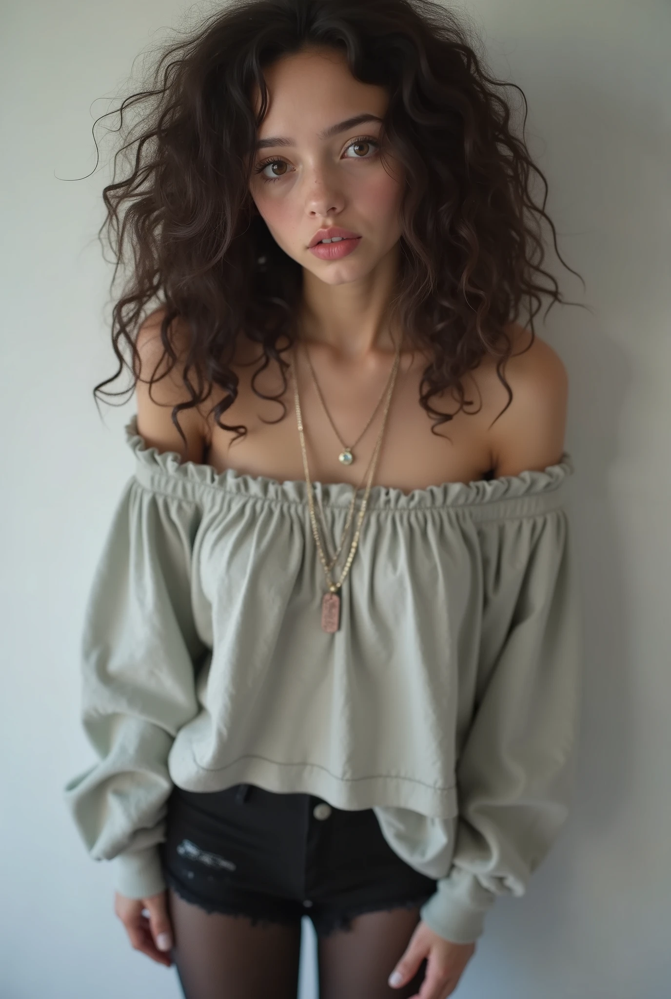 (((Anorexic girl))), ((full body)),curly hair,, a beautiful girl, ( oversized off shoulder tanktop),( Plain Background ), ( lean forward :1.65),85mm, detail eyes,   Attractive Thick Lips,Painted lips, necklace,black tights, (viewers),