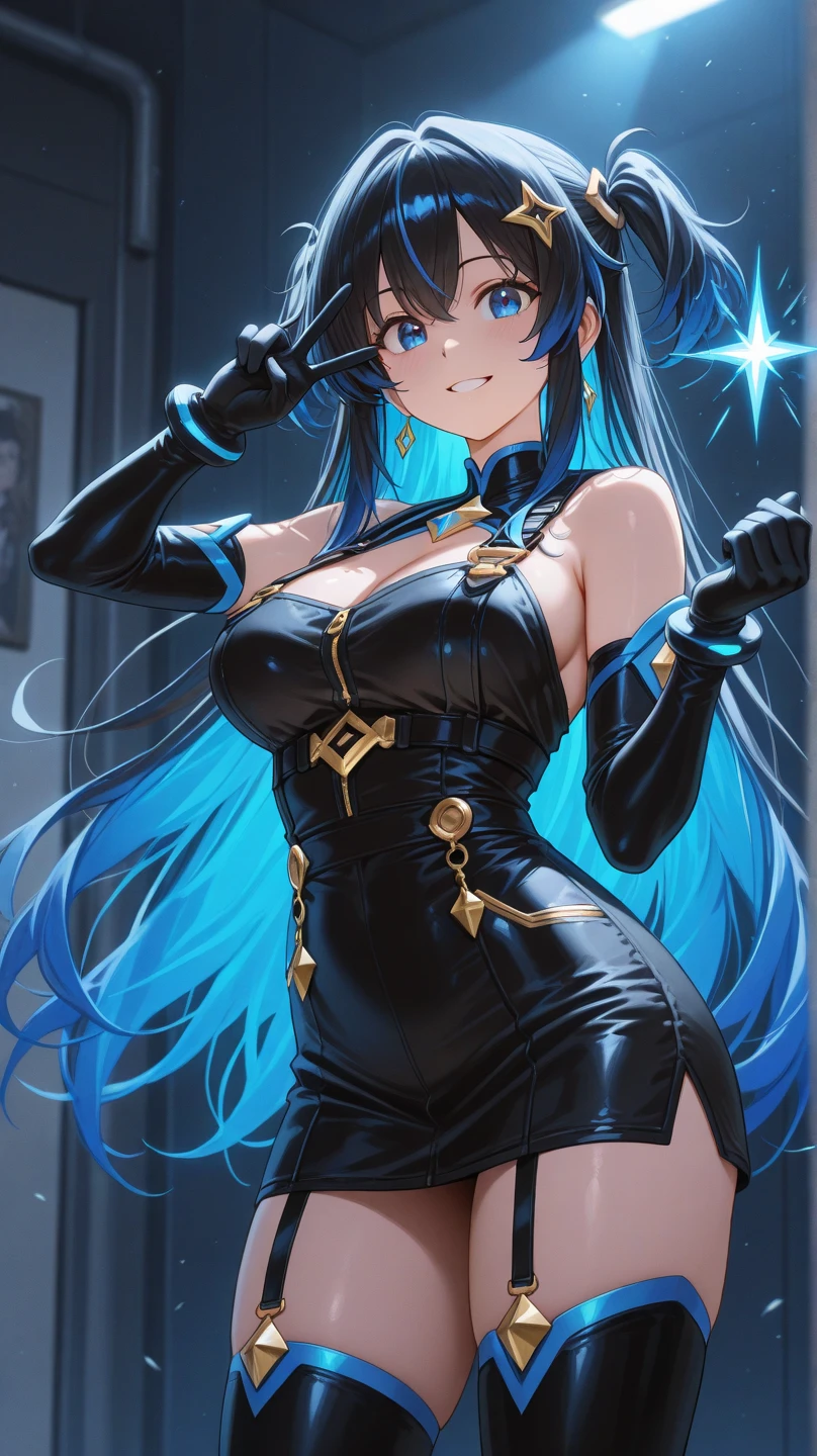 1 girl,long wavy blue hair,blue eyes,wearing a black body suit that extends into a skirt,wearing a vei,staring at viewer,grinning