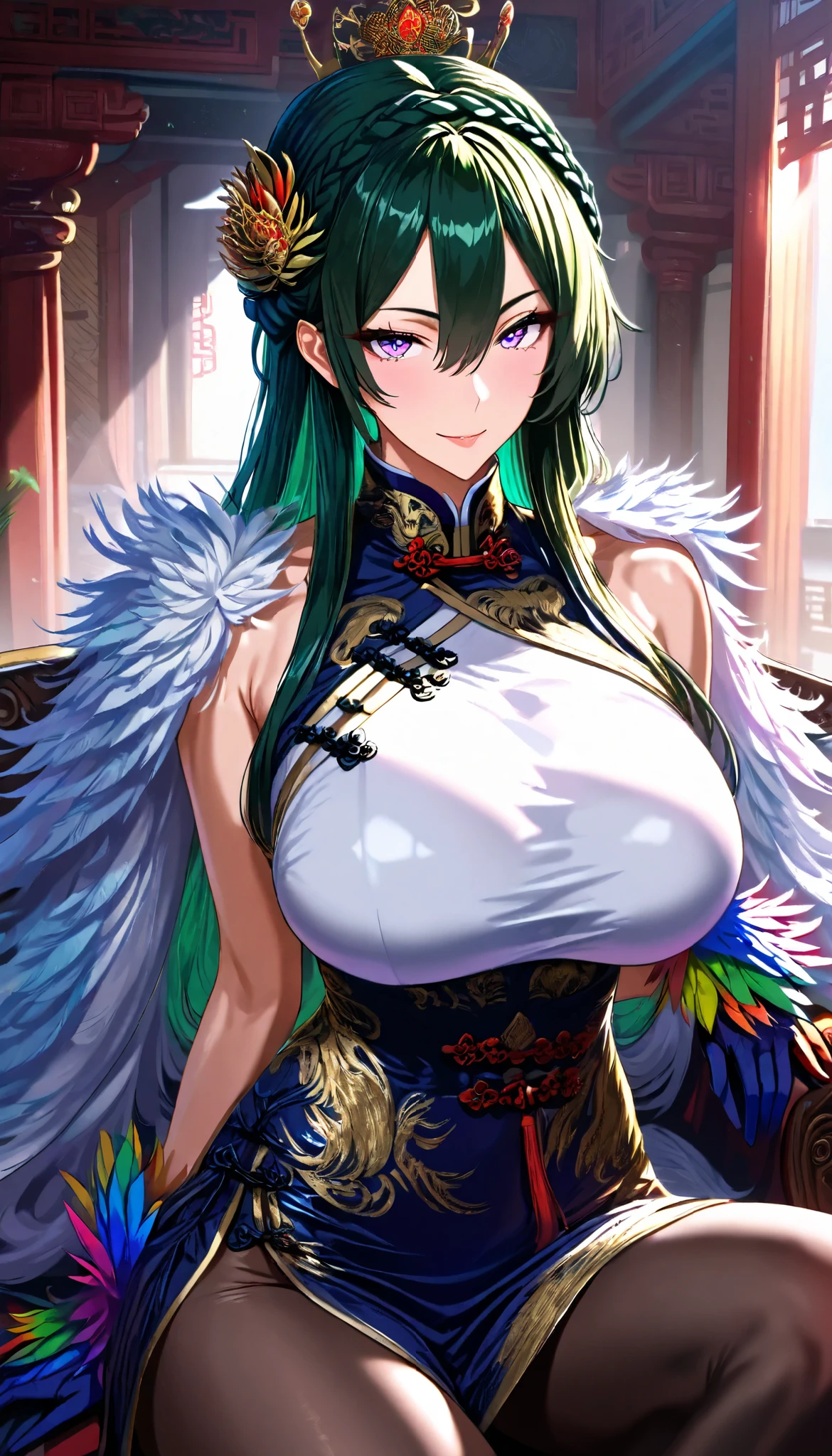 A hen Female,Perfect body,Oppai, (Dark green hair,long hair,crown braid, sidelocks,bangs between eyes),(Purple eyes), (Wearing A White sleeveless Cheongsam),(Colorful feather gloves),(A Feather Vest on her shoulder),black pantyhose,Sitting on a Chinese Luxurious Lounge Chair, seductive smile,In a Chinese palace,UHD, SOLO, anatomically correct, masterpiece, textured skin, high details, highres, 1080P, 16k, accurate,Beautiful face, Perfect face, Highly detailed beautiful face and eyes, Attractive face, Detailed face, Delicate facial features, Detailed skin,Cowboy shot,((hbig bosom))