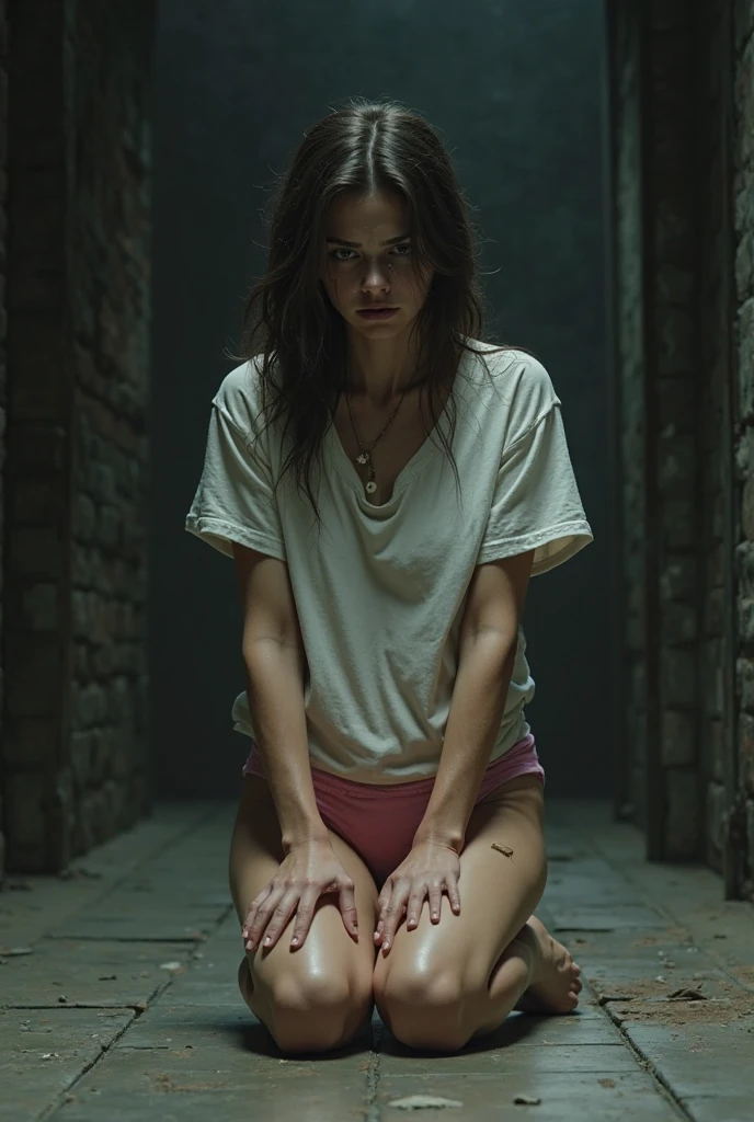 Describe a female slave who is locked up and chained in a fantasy kingdom