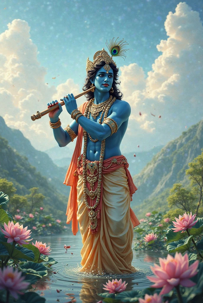 (Krishna) (charming smile) (blue skin) (peacock feather in hair) (holding flute) (yellow dhoti)