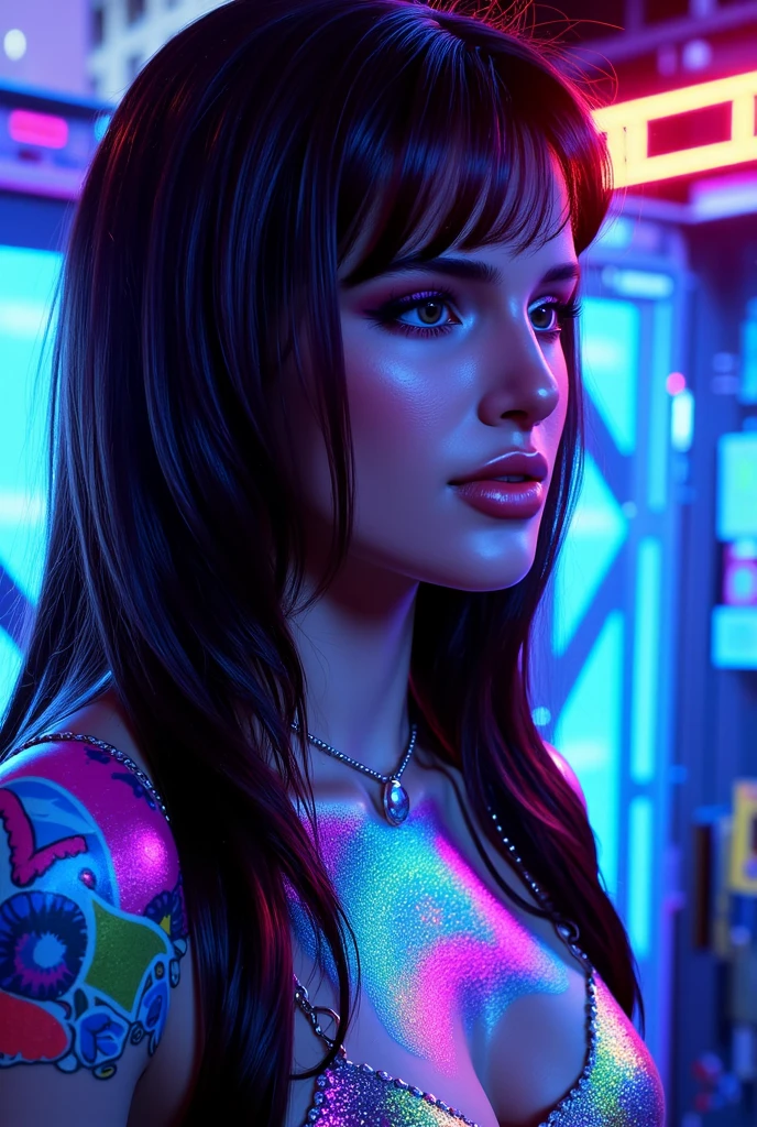 Digital artwork in an anime style, featuring a night-time urban setting with neon lights. The layout is dynamic, with a young woman as the central subject. She has long black hair, pale skin, and striking purple eyes. She is dressed in a black crop top, black shorts, and a black jacket with white text on the sleeve. She holds a katana over her shoulder. Behind her is a sleek, black sports car with a visible 'GT-R artvision1999' logo on the front. The background is filled with brightly lit billboards and signs, predominantly in shades of pink and blue, creating a vibrant, cyberpunk atmosphere.anatomically correct, super detailed, high quality, 4K