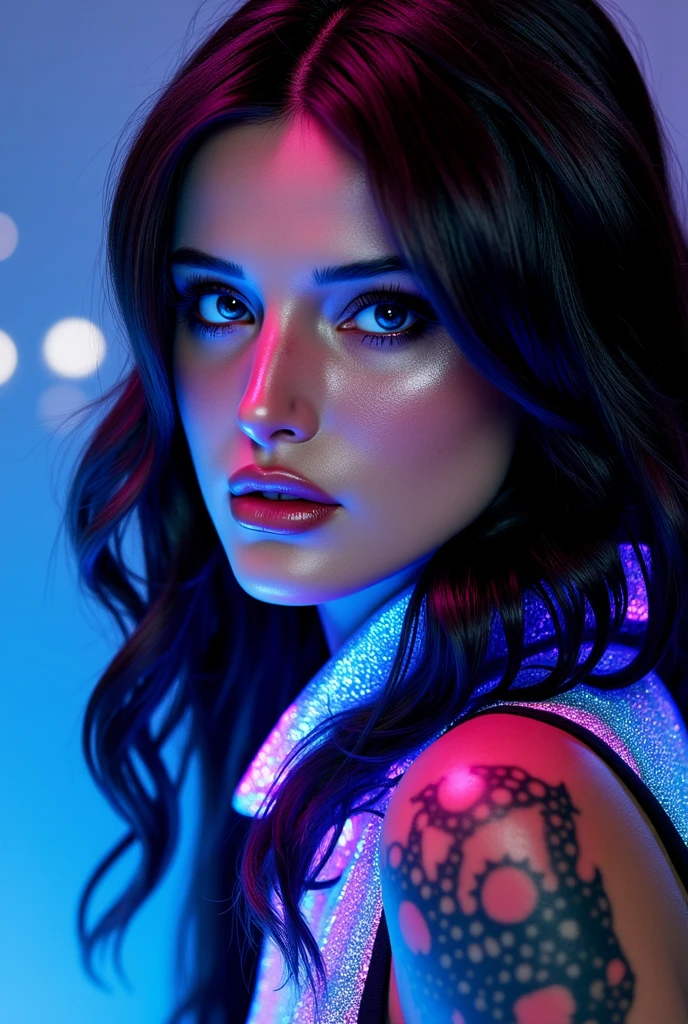 (Adult Spanish woman:1.1), looking to camera, (blue neon Jacket With Rivets:1.3), (rave fashion:1.5), (big tousled black hair:1.3), (open zipper:1.2), (erotic:1.3), (sexy:1.3), (covered with black polyvinyl:1.5), (glowing neon lights:1.7), (dangling sprinkler wires hang from an opening in the ceiling:1.7), best quality, raw, masterpiece, super fine photo, best quality, super high resolution, photorealistic realism, sunlight, full-body portrait, delicate face, vibrant eyes, detailed face, stars background, gorgeous, highly detailed skin, realistic skin details, visible pores, sharp focus, high quality, photo realism, seen from below, translucent, (voluptuous:.5), sensual, lascivious, dominant, (sexual:1.3), sexy, romantic, high quality, film grain, Cinematic Light, sidelighting, Lens Flare, Ray tracing, detailed face, detailed complex stars background, realistic skin details, visible pores, sharp focus, volumetric fog, overexposed light, pop and vibrant colors, extremely colorful, very vibrant colors, colorful!!!, evil. vibrant colors. cute, very colorful, very colourful, fashion photography, bold psychedelic colors, super colorful