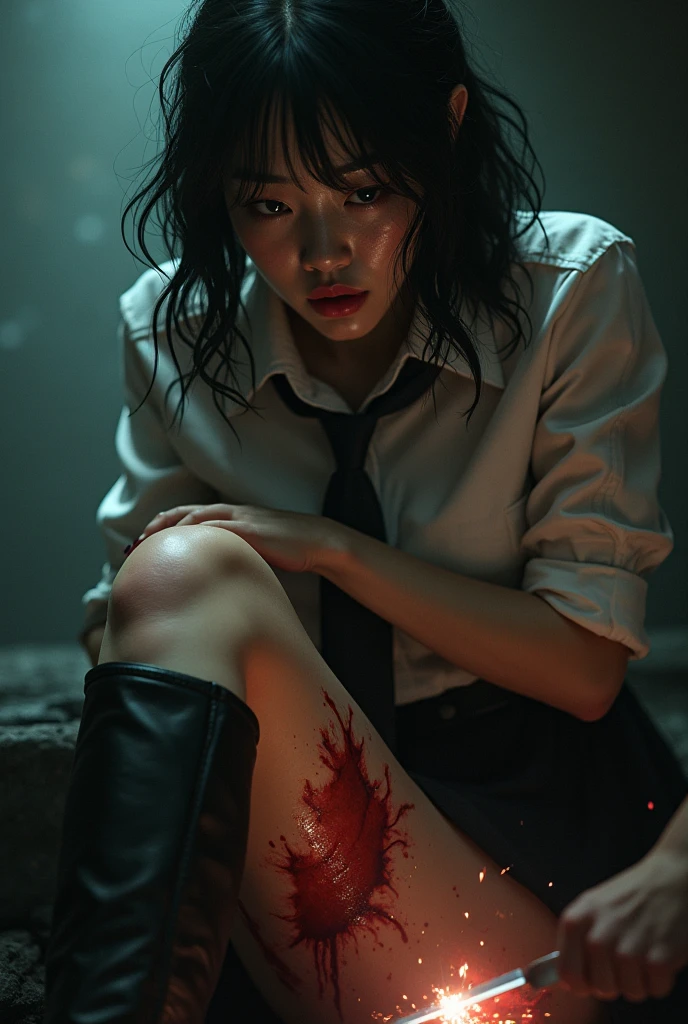 Realistic Woman sitting on the floor wearing sleeveless white sleeveless sad with super short hair bloody