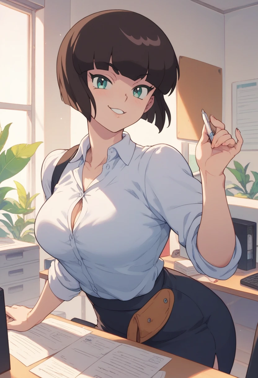 Company Office,There are a lot of papers, Computers and writing utensils around,Sharp woman with glasses,Officelady,Standing with a binder in hand, Lean forward so that you can see your cleavage,Brown hair,Orange Eyes,Black fishnet tights,White and red and purple and black,Reddish cheeks,A smile,heart mark,Smokexxx,Scooped up hair,Moles under the eyes, squeezing breasts