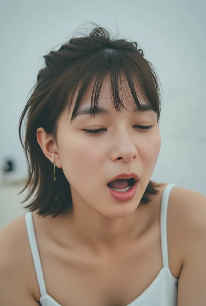 (masterpiece:1.2), Very detailed, Ultra-high resolution, (Realistic, photo Realistic:1.37), High-resolution RAW color photos, Professional photos, Dramatic lighting, Sharp focus:1.2, (Very detailed顔と肌の質感, Very beautiful eyes, Glossのある肌, Glowing Skin, Glowing Skin, Shining Face, Gloss, Oily skin, greasy face, Oily skin, greasy face, 強いGloss), Perfect Anatomy, Very detailed背景, 1 female, 25-year-old woman, Japanese women,Height: 168cm, (Short Bob Hair, Straight hair, bangs:1.3, Brown Hair), (Lean:Weight 1.0), (Flat Chest:1.7), (((dim:1.4)),(((Office room at night))), Thighs, ((((Elbows on the desk、Stick your butt out))))、,((((Spread your legs))))、((((Erotic)))), ((Functional)), ((Glowing Skin)), ((suit)), (See-through white shirt), (((Black Stockings)), (((Black pencil skirt))), (((mini skirt))), (((((undressing shirt))))), (((((Half-naked shirt))))), , (real Glossのある肌 texture), (Glowing Skin), (((White skin))),(((Browsing Caution))),Earrings,((((Open your mouth、Squint your eyes、Looking up at the sky))))、((((Panting))))