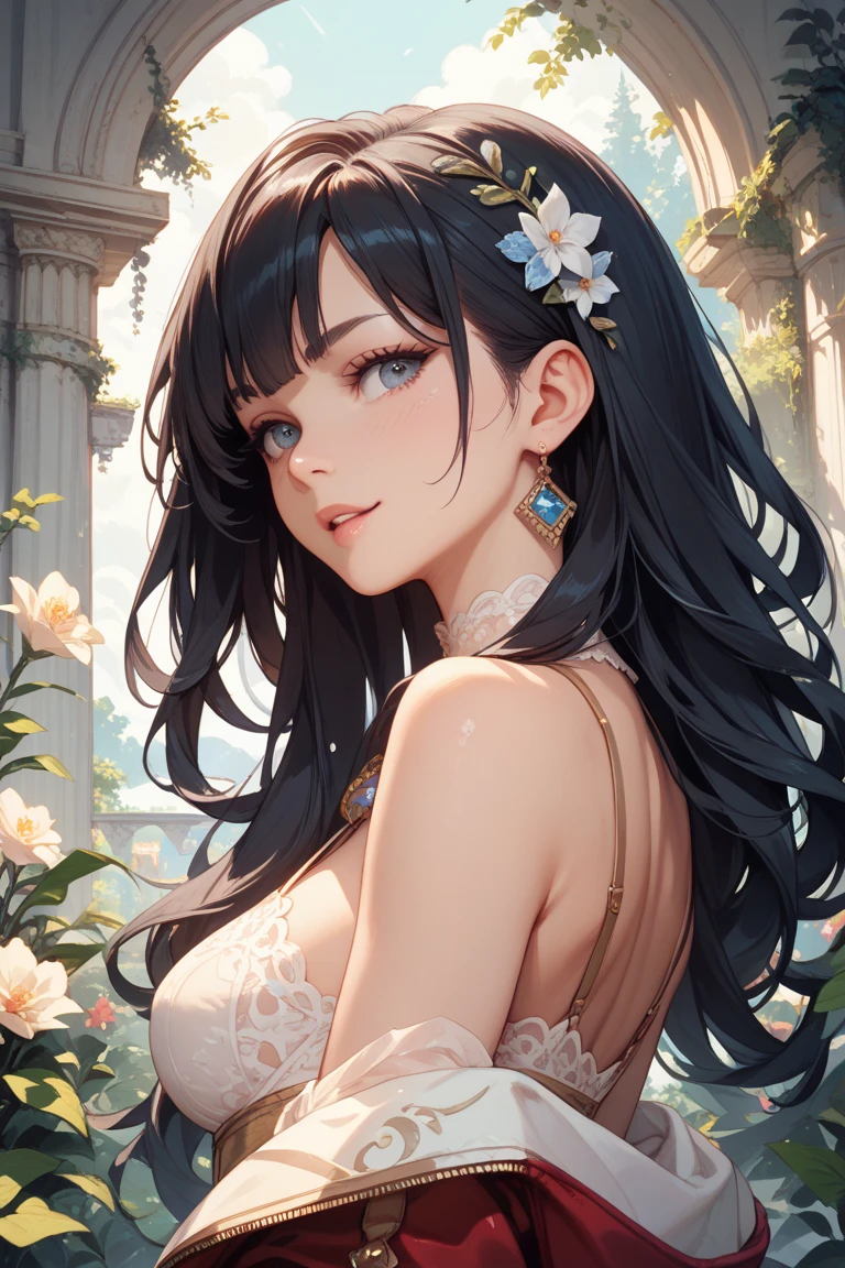 Best Quality,4K,8K,hight resolution,masutepiece:1.2,Ultra-detailed,Ultra-detailed,beatiful detailed eyes,Realistic:1.37,Elegant,Portrait, Sexy, Ethereal Atmosphere, Black hair, Yellow eyes, Flowing hair,wind-swept clothes,Cinematic lighting,Vivid colors,Expressive eyes, Smile, Delicate features,Translucent skin,Fine details,Subtle textures, castle,depth and dimension, cleavage, Sunset