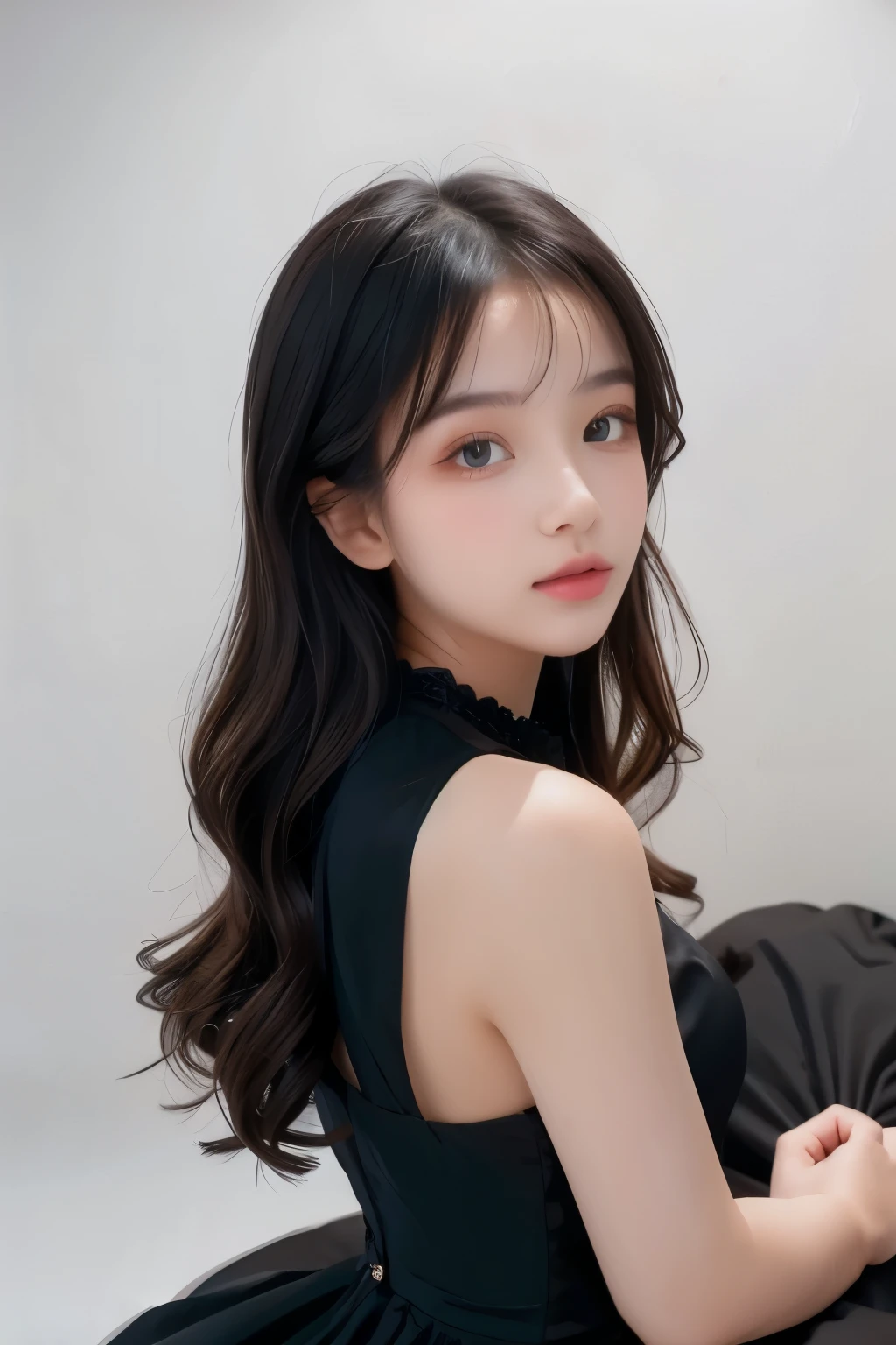 1girl, black formal long dress,white background,