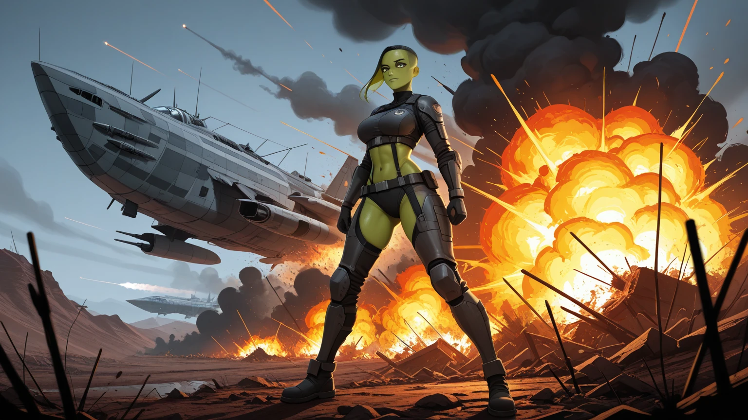 In the foreground is an alien girl looking at the camera, green skin, background The spacecraft crashed, explosionы, fire, deserted land, explosion, the moment of the crash Battlefield, shrouded in thick smoke, обломки будущих технологий и explosionные вспышки с металлическим оттенком динамичный объектив запечатлеть потрясающий момент крушения