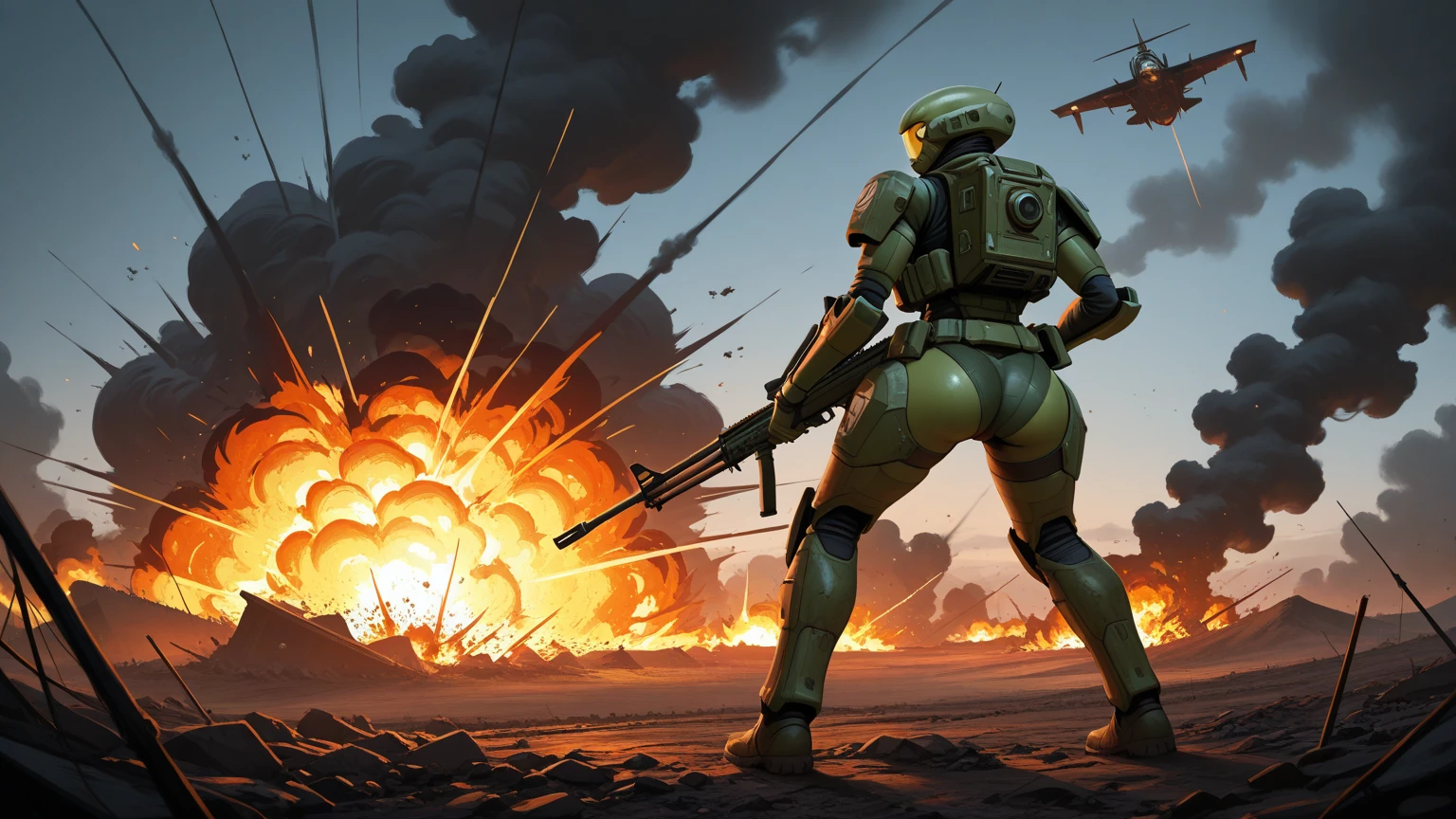In the foreground is an alien girl looking at the camera, green skin, background The spacecraft crashed, explosionы, fire, deserted land, explosion, the moment of the crash Battlefield, shrouded in thick smoke, обломки будущих технологий и explosionные вспышки с металлическим оттенком динамичный объектив запечатлеть потрясающий момент крушения