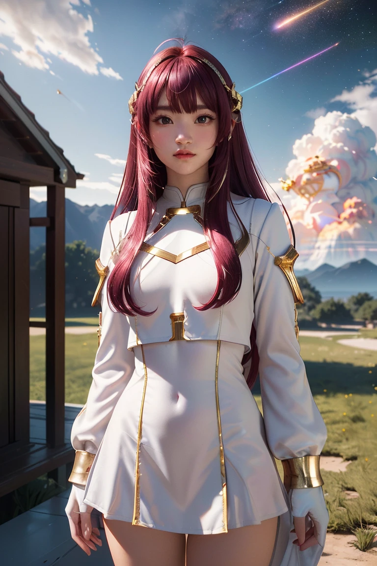 ((masterpiece, best quality, extremely detailed), volumetric lighting, ambient occlusion, colorful, glowing), 1girl, solo, young girl, (maroon hair with bangs), long hair, halo, aura, sacred, goddess, cleric suit, (white outfit with gold detailst:1.3), armor, outdoors, sunset, sky, clouds, space, (fantasy theme:1.2),