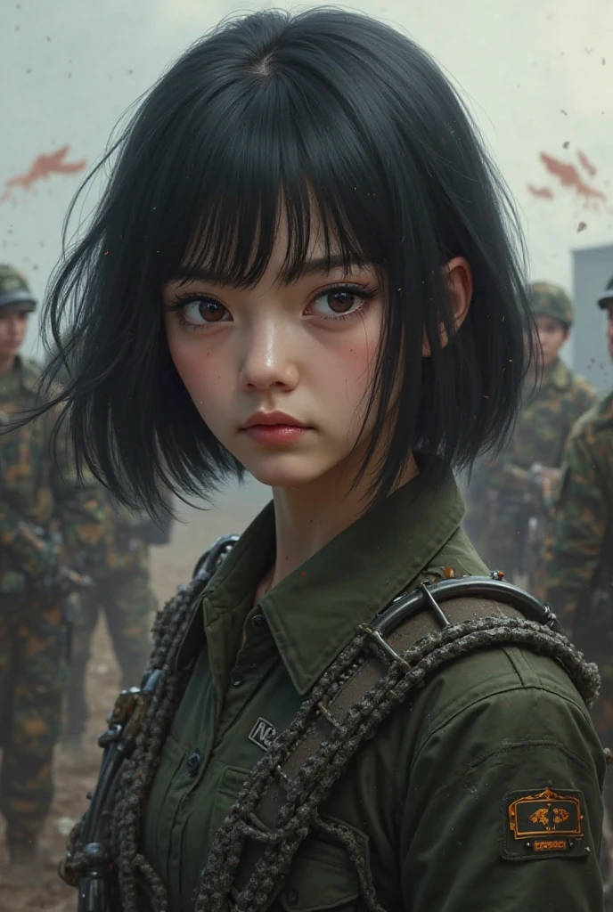 (realisitic,Photorealsitic:1.4),(Groups of beauties and enemies:1.3),(beautiful countenance:1.5),Detailed shiny skin,A detailed eye,Precise hands and fingers,8K HDR, , ​masterpiece, (Dynamic Angle Video),电影灯光, Finely drawn backgrounds,(Decadent,scientific fiction,mud, Dust and dirt,Traces of war:1.2)Beautiful Russians,battle suits,Brown hairs,short-hair,耳Nipple Ring,Ships and rocky coast,Woman fighting alone surrounded by enemies,In the midst of a battle,hold a gun,gun fight