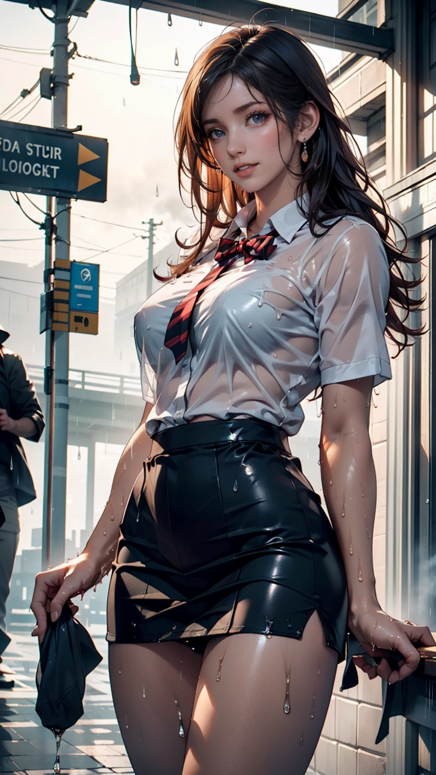 (Messy light)、(The best shadows)、Attractive, colorful eyes that shine beautifully, 1 lady, solo masterpiece, Highest quality, ultra detailed, CG unity 8k wallpaper, Cinema Lighting, Lens flare, ultra detailed eyes,silver hair, very short hair, evil smile, evil grin, (sharp eye:1.2),(scowl:1.1), (stare at viewer:1.5), (embarrassed,blush:1.3), (ecstasy:1.3) ,(slut:1.2),(vulgarity:1.3),(fucked silly:1.1),(steam:1.1),(wet:0.8),(drooling:0.6),(sweat:0.8), white collared shirt, cotton pants, black pants, black loafers, from below, full body, put index finger on mouth, light blue eyes, sparkling eyes, thick lips, beautiful lady, cityscape, summer, sunny, backlighting, slender body, perfect fit shirt, perfect fit pants.