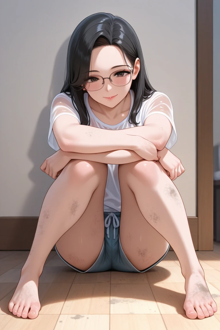 ((La mejor calidad)), ((Obra maestra)), (Detallado), Cara perfecta
black braid hair, round thick glasses, home clothing, gaming,
squatting, 8k