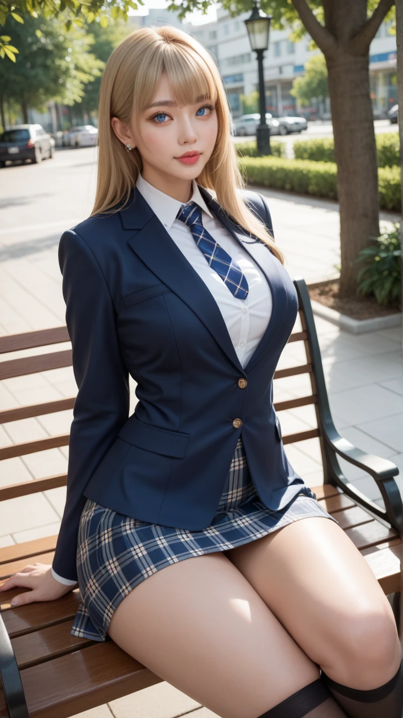 8K, 超A high resolution, Best Quality, masutepiece、超A high resolution、top-quality、 (quite massive chest、cleavage of the breast、Sit on the ground with your knees bent、Open your legs wide to the sides:1.25)(hi-school girl、White bra、Navy blue blazer、Plaid pleated mini skirt:1.3)、(Sit on the ground of the tree-lined avenue of Omotesando、Huza:1.35)、(a japanese girl、Blonde long hair、Charming、rather large black eyes、long lashes、shiny black skin、Quite tanned skin、Tanning Gal:1.3)Black loafers