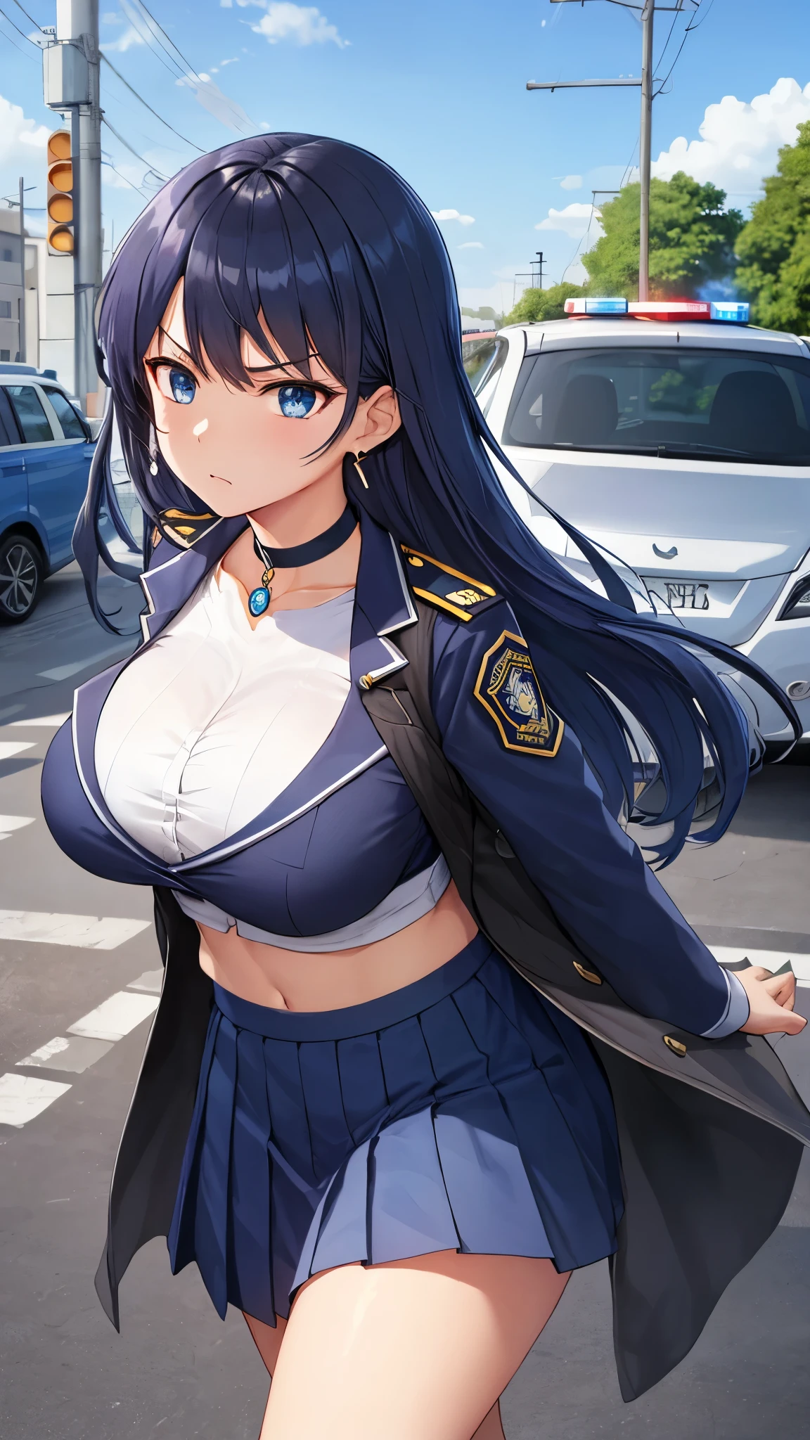 (((pixel perfect, detail perfect))), alone, 1 girl, Chisato Nishikigi, looking at the viewer, smile, Upper body、black police peaked cap, Police, cleavage, Midriffs, white shirt, front-tie top, purple eyes, long hair, Black High-waist shorts, (blue belt:1.2), black fingerless gloves, black boots,emerald tie,