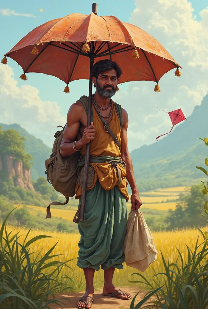 Generating hd quality thumbnail for YouTube "Heroic Raju in Action": Create a thumbnail showing Raju with a determined expression, carrying a basket full of fruits and tubers, with a background of a lush forest and a distressed village scene. Include a bold title like "Raju: The Village Hero."