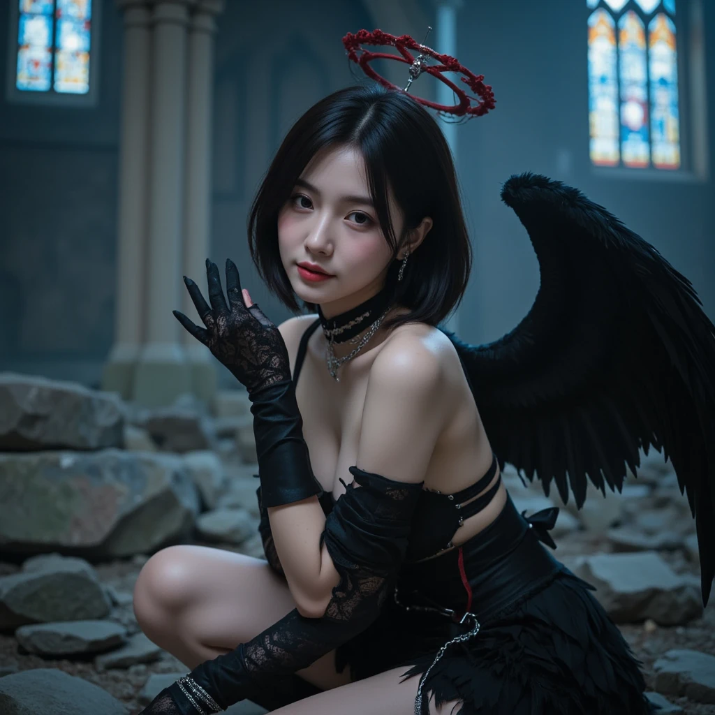One Girl Russia Flat Chest Abdominal muscles Completely naked Landmine Makeup Small breasts Sheep horns on the head Devil wings on the back poor Stand with your feet apart god々New Palace Photographed from the front Holding a sword Young Face Completely naked Firm Skin beauty High resolution High precision ((青髪とBlack Hairのツートン)) Detailed skin Age 25 Red eyes Detailed face whole body smile Double teeth Black Hair ((Bobcut))