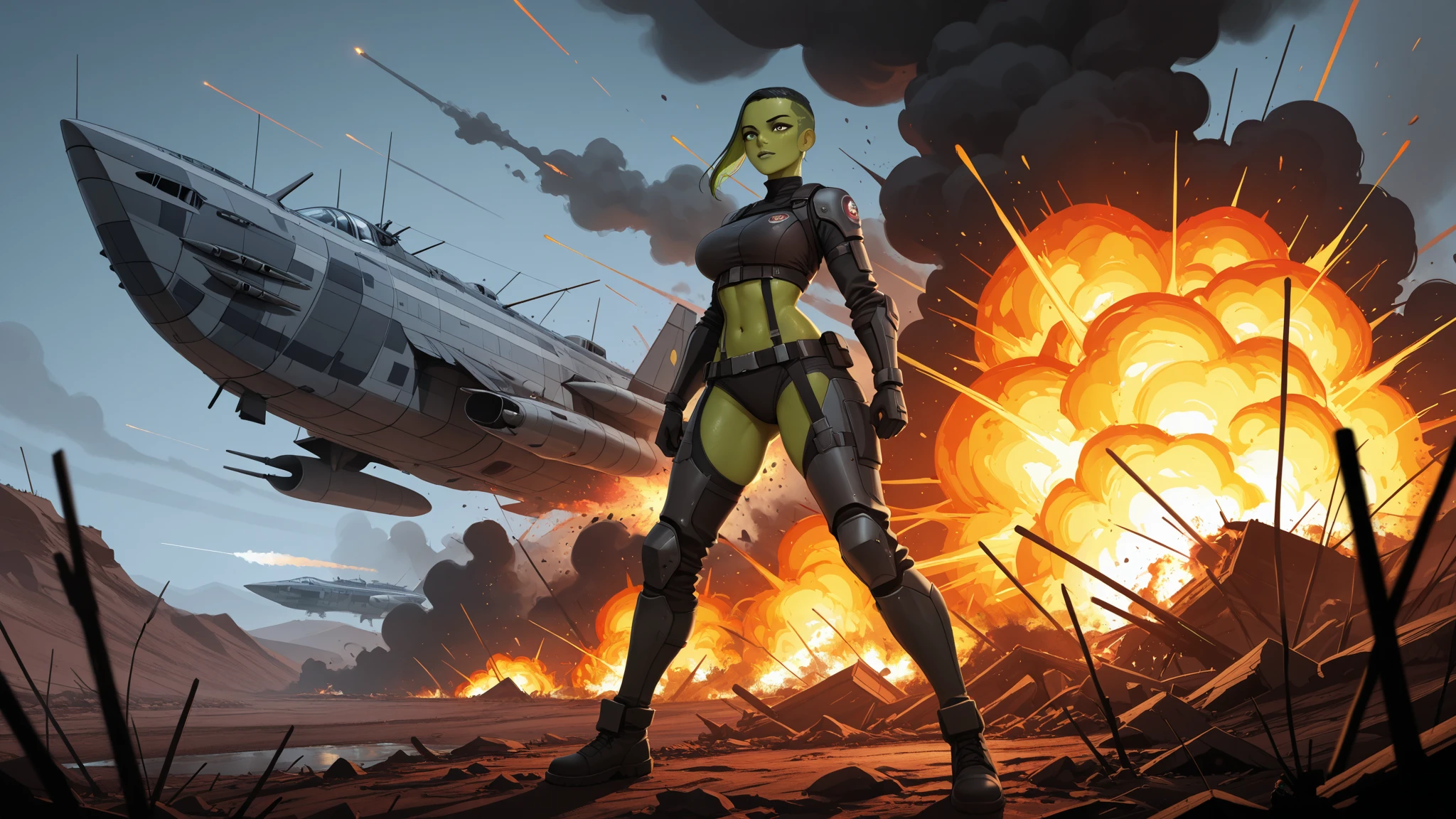 In the foreground is an alien girl looking at the camera, green skin, background The spacecraft crashed, explosionы, fire, deserted land, explosion, the moment of the crash Battlefield, shrouded in thick smoke, обломки будущих технологий и explosionные вспышки с металлическим оттенком динамичный объектив запечатлеть потрясающий момент крушения