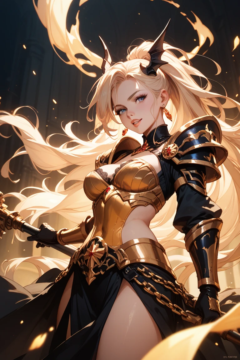 (by Greg Rutkowski: 1.2), (masterpiece), ((best quality)), extremely delicate and beautiful, illustration, highly detailed face and body. Aristocracy. daughter. Long wavy blonde hair. Very warm clothes. {fierce and powerful warrior queen with a braided crown of fiery red hair, piercing golden eyes, dressed in ornate armor embellished with intricate patterns and wielding a mighty sword, radiating strength and leadership}, HD. elegance. photorealism. Unreal engine. From Brian Froud and Carne Griffiths and Wadim Kashin and John William Waterhouse, 8K post-production, high resolution, hyperdetailed, depth of field, HDR, intricate