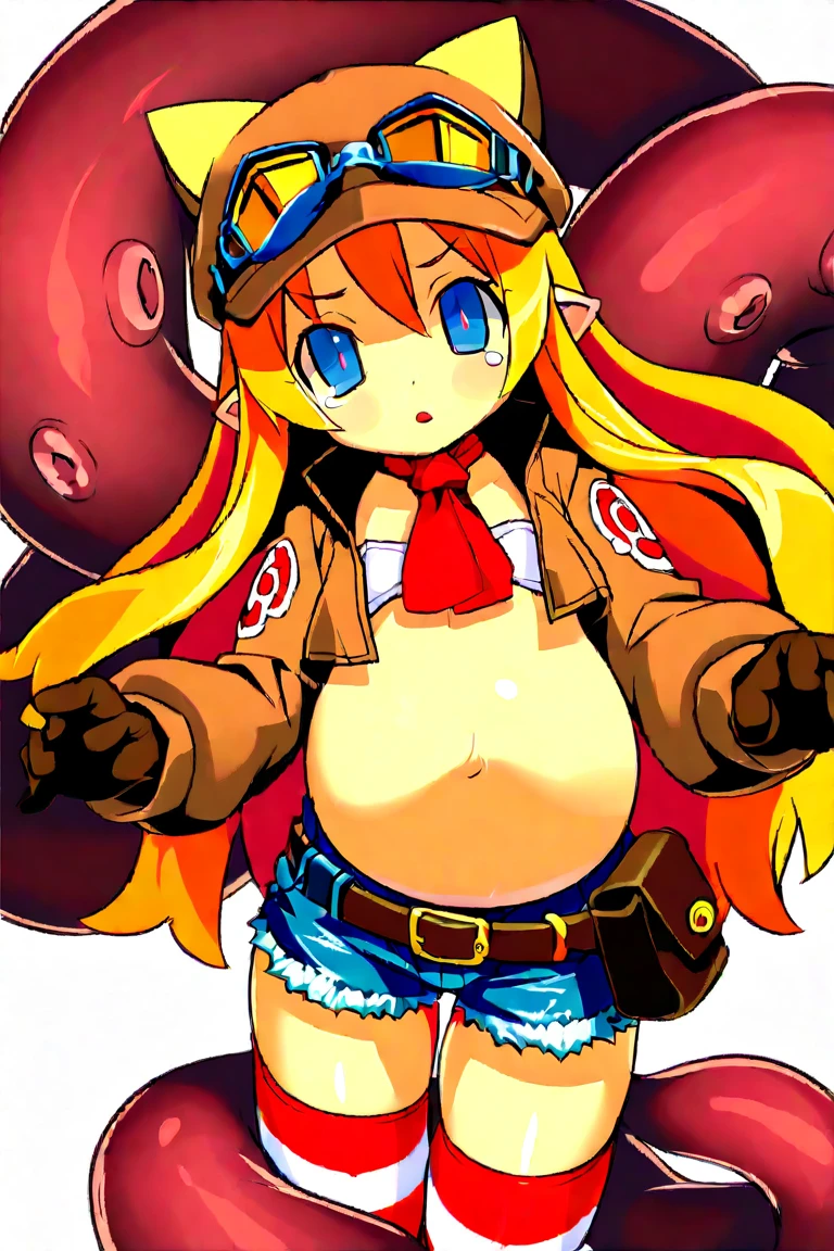 1girl, red hair, low twintails, hat, goggles, goggles on headwear, bracelet, yellow small shirt, short sleeves, masterpiece, high quality, happy, sexy body, gorgeous body, beautiful, beautiful legs, (((panties))), (((yellow panties))), (((big tits))), (((big hips))), solo, blushing, grown-up, adult