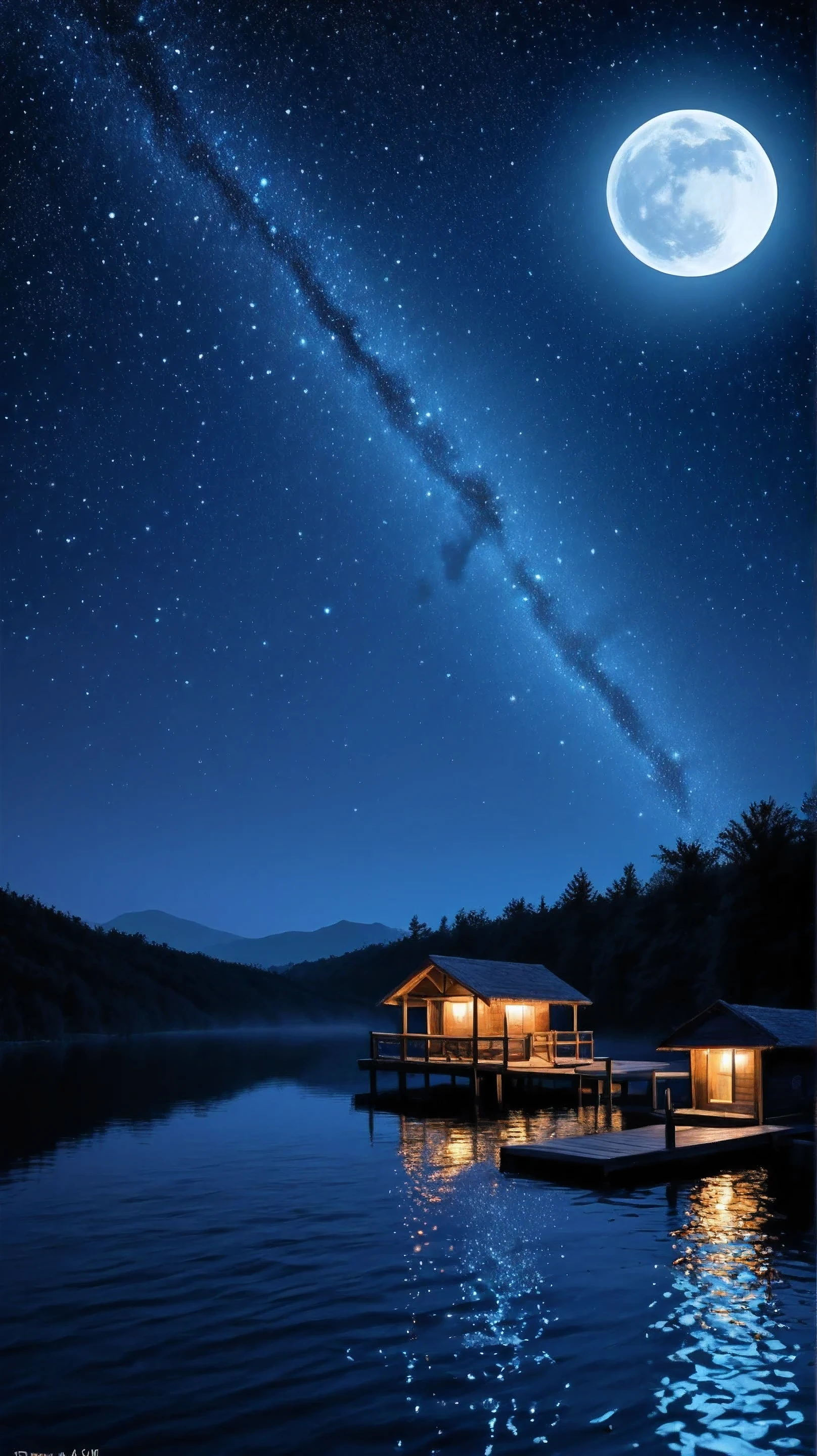 starry night sky with a pier and a full moon, beautiful art uhd 4 k, calm night. digital illustration, background artwork, night scenery, 4k highly detailed digital art, amazing wallpaper, nighttime nature landscape, stary night painting, beautiful moonlight night, moonlit night dreamy atmosphere, moonlight background, night landscape, painting of a dreamscape, dreamlike digital painting
