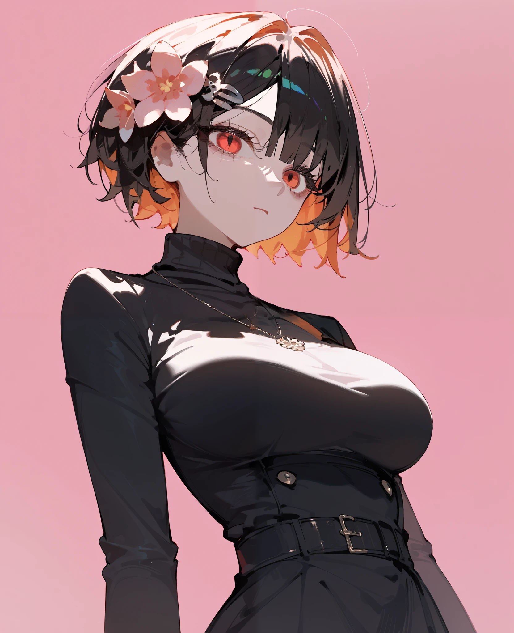 girl,orange hair, multi colour hair,black hair,in red eyes,for short hair, Tomboy,black dress, ghoul eyes, light pink background ,big breasts,Flower Hair Ornament, Straight Line,Put on a military necklace, turtleneck