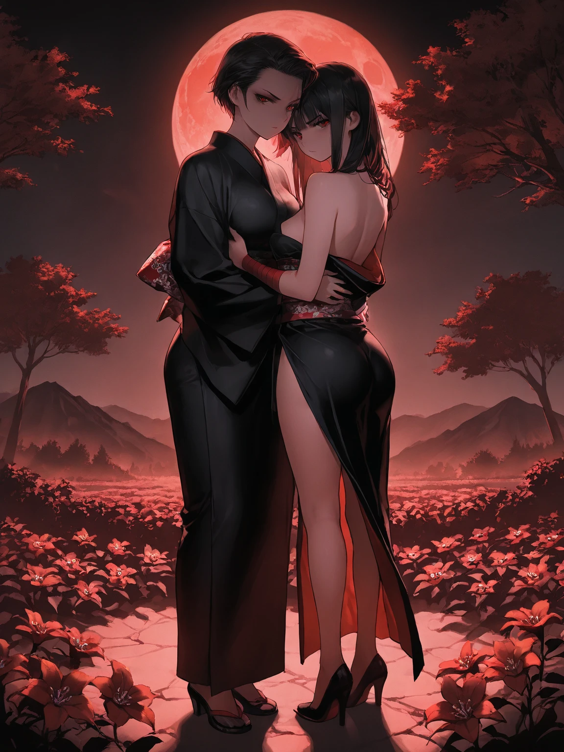 work of art, best qualityer, detailded, 1 girl, standing alone, natta sky, plein-air, fullmoon, stele, clouds, natta,, dark sakura, (black gown), long hair, evil smile, Red loop, striped, thicc thighs, (((is dancing madly in the moonlight))), fully body
