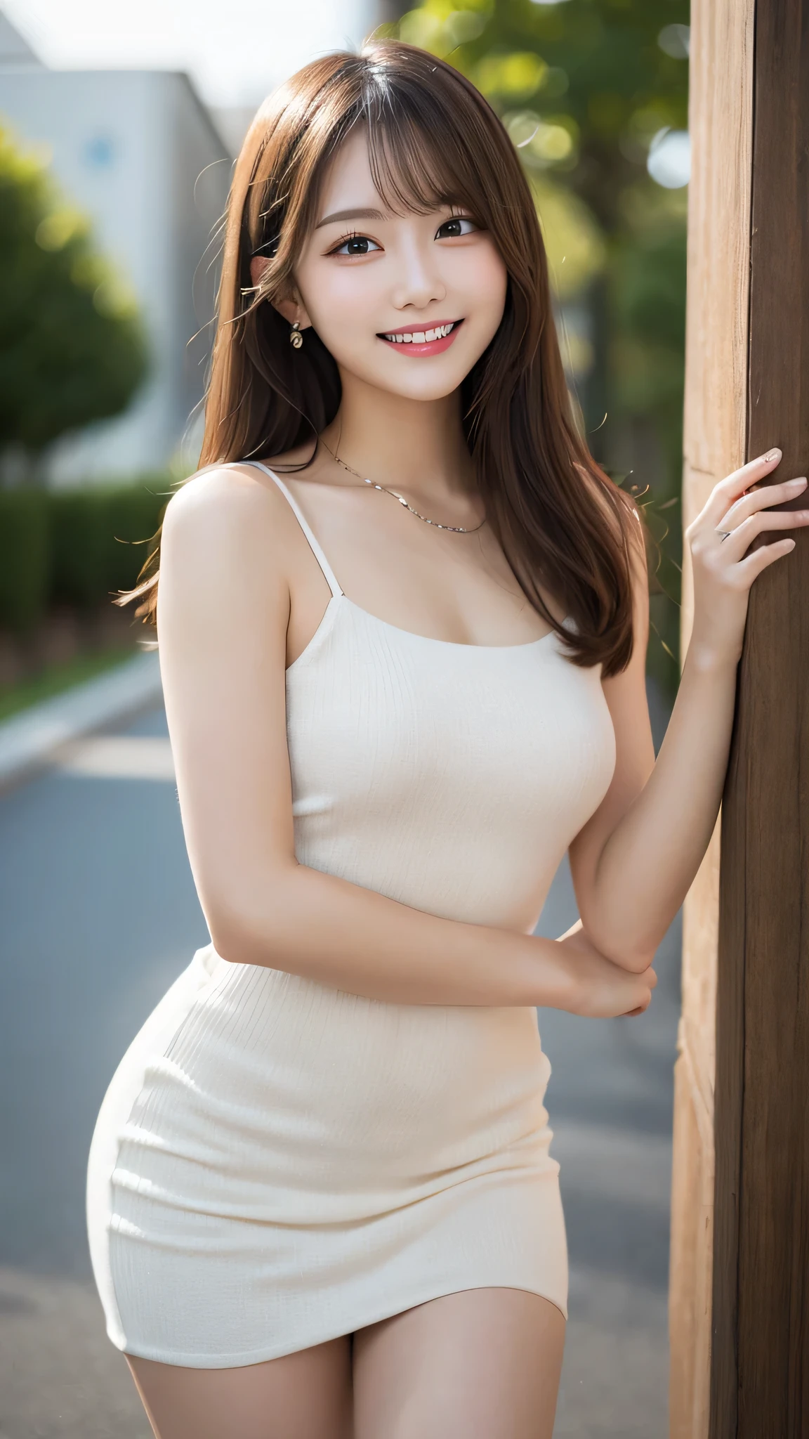 hentel realism,Beautiful and cute girl at 18 years old, master piece, best quality,crystal necklace, delicate and beautiful girl,He has the big eyes of God,long eyelashes,Beautiful pupils,Eyes are sweet、There are lying silkworms,gentle smile,(face fill light),outside,Sexy girl with S-shaped body,20-year-old,smooth wavy braids,With a body,Tight-fitting shirt,slip dress,shift dress,stunning beauty