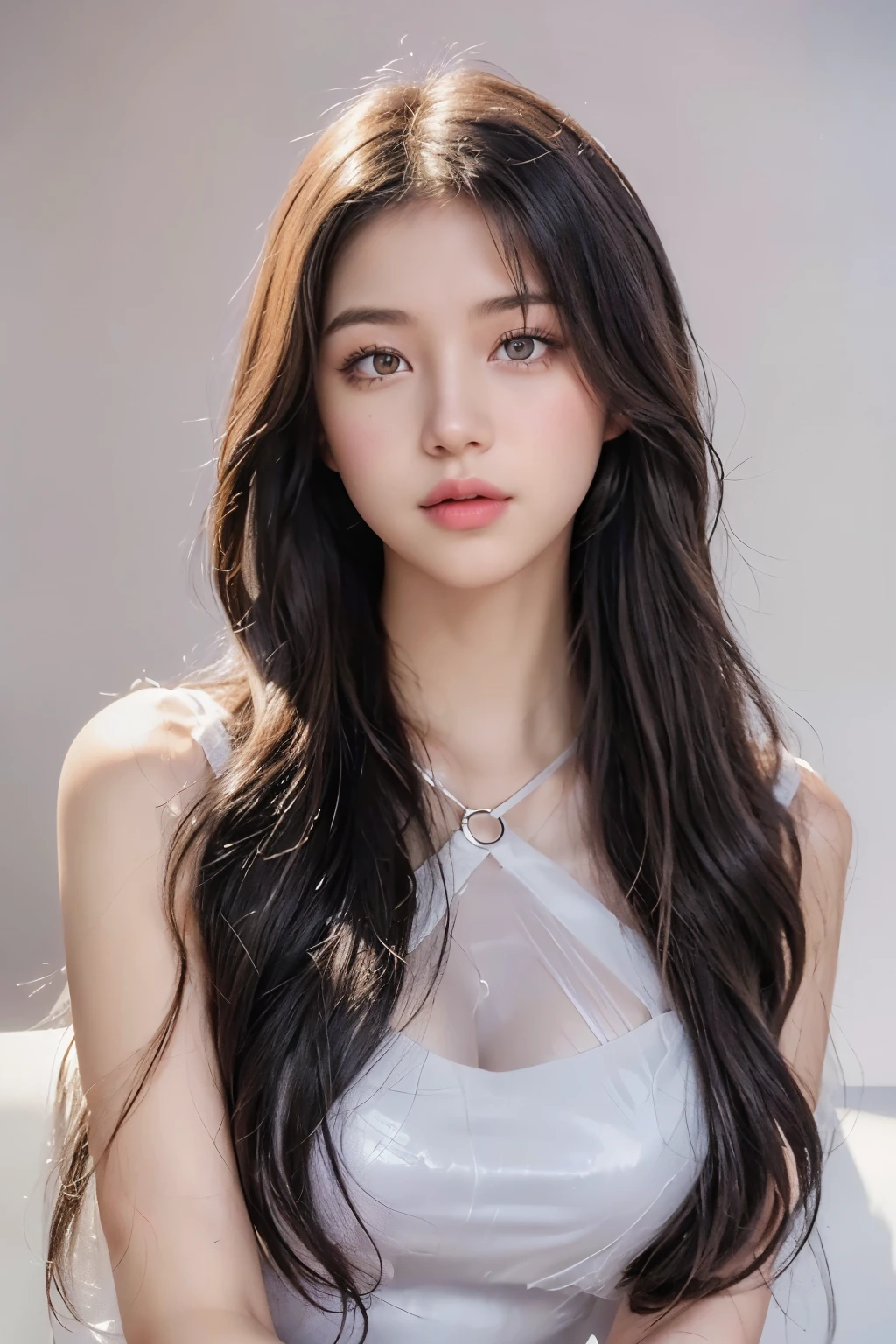photo of a 18 y.o girl, beautiful vintage color, instagram (photorealistic, high resolution:1.4), ((puffy eyes)), looking at viewer, , full body (8k, RAW photo, best quality, masterpiece:1.2), (realistic, photo-realistic:1.37), (sharp focus:1.2), professional lighting, photon mapping, radiosity, physically-based rendering, (pale skin:1.2), (medium breasts:1.2), looking at viewer, (middle hair:1.5), portrait, purple eyes, (sliver hair:1.1), bangs, (simple background:1.4), solo, upper body, realistic, (masterpiece:1.4), (best quality:1.4), (shiny skin), fashion girl, makeup, smile(skinny, closed mouth,shy:1.3), (sheer sun dresses:1.5513), (standing:1.1), medium bust, sexy pose, {NSFW:1.2},