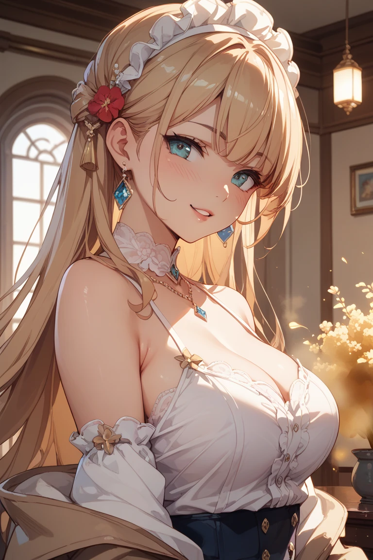 //Character 1girl, my intimate princess ,   slim and soft, medium large breast, ultra detailed face, innocent, round face, thin eyeblow,  sparkly  pupils, translucent skin, extra long hair, blonde hair,  curly hair,side swept bangs with a bun, 
BREAK
 //Fashion Her outfit is celebration of the anniversary,  it connsists  pale pink evening dress, gold tiara, full length skirt is fluffy and delicate pattern, chiffon veil, delicate high heel , holding  cocktail glass with cherry,  
 BREAK
 //LOCATION 
at a ballroom,  
BREAK
 // behavior
standing, grinning , smiling full of compassion, close up